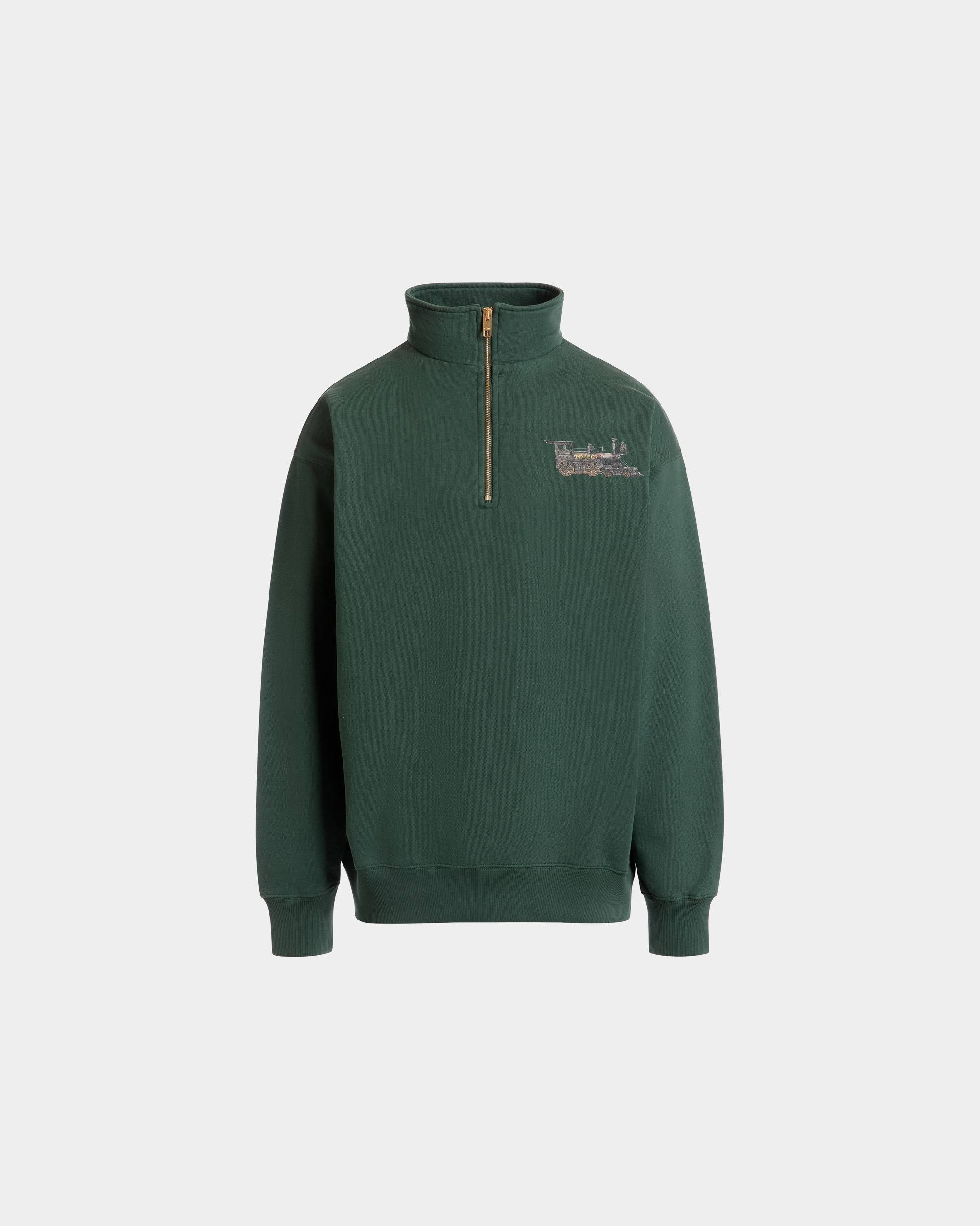 Sudadera De Cuello Alto De Algodón Verde Con Bordado Train - Hombre - Bally - 01