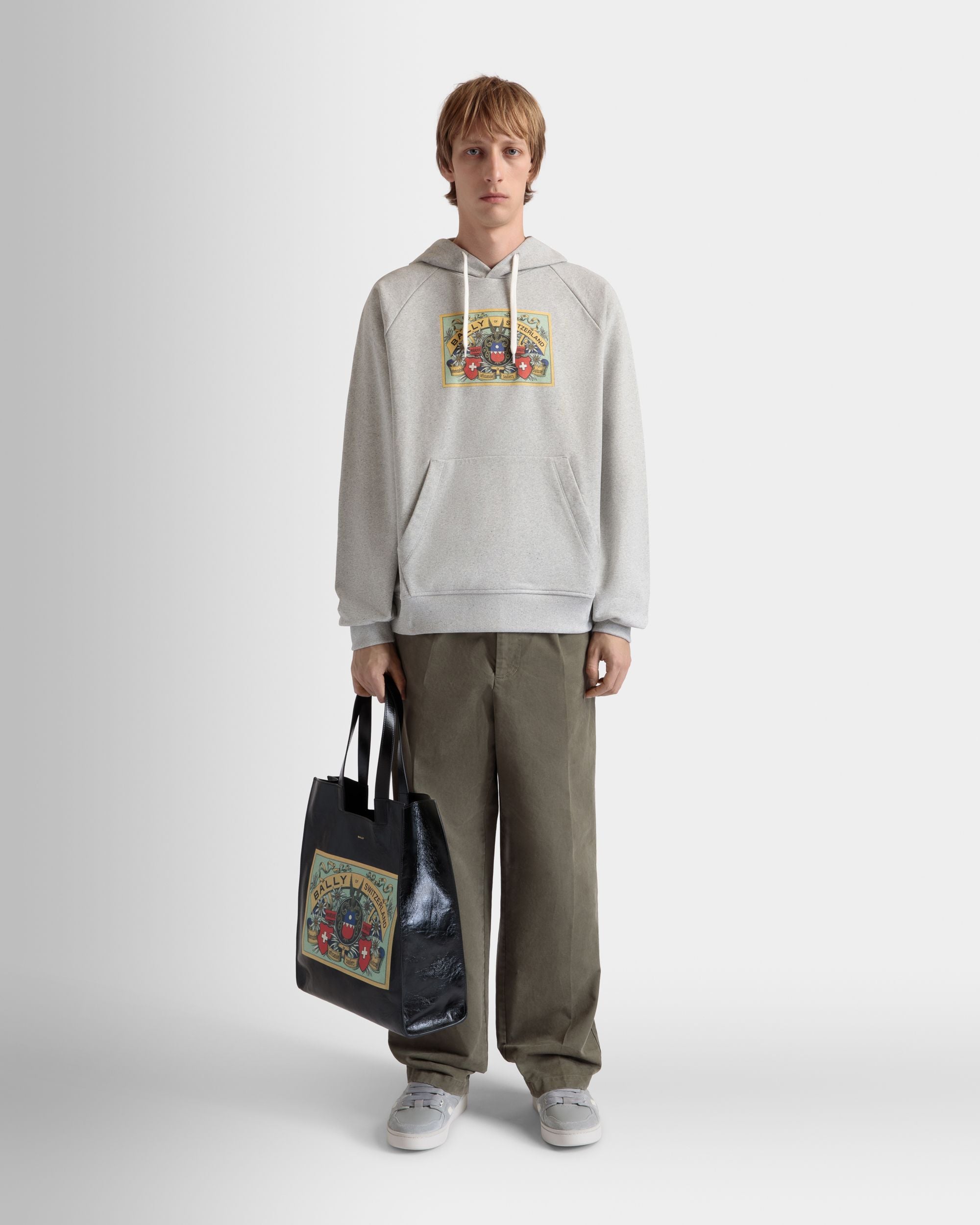 Hoodie With Bally Crest Label In Grey Melange Cotton - Men's - Bally - 02