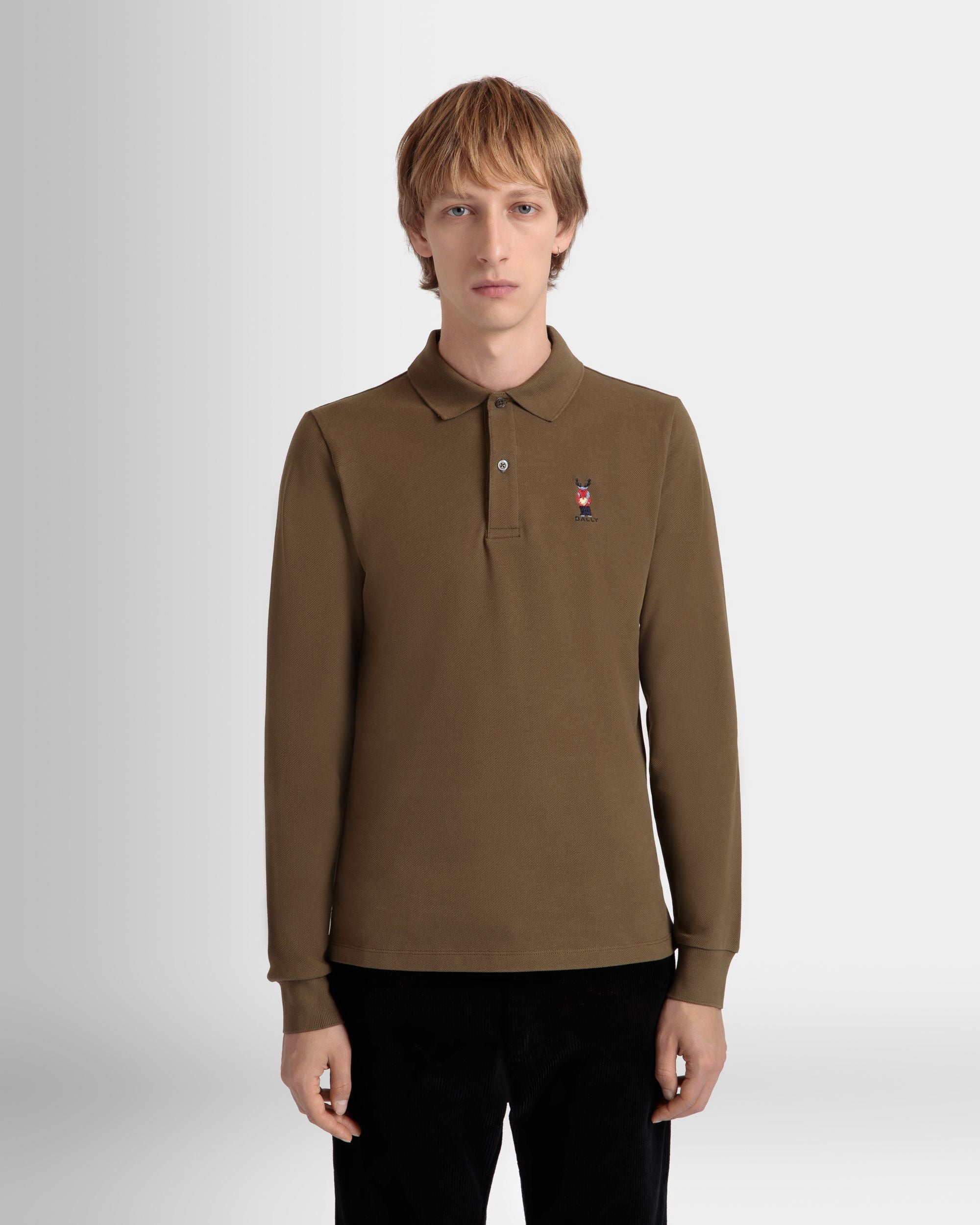 Polo De Manga Larga De Algodón Marrón Con Forest Mask - Hombre - Bally - 03