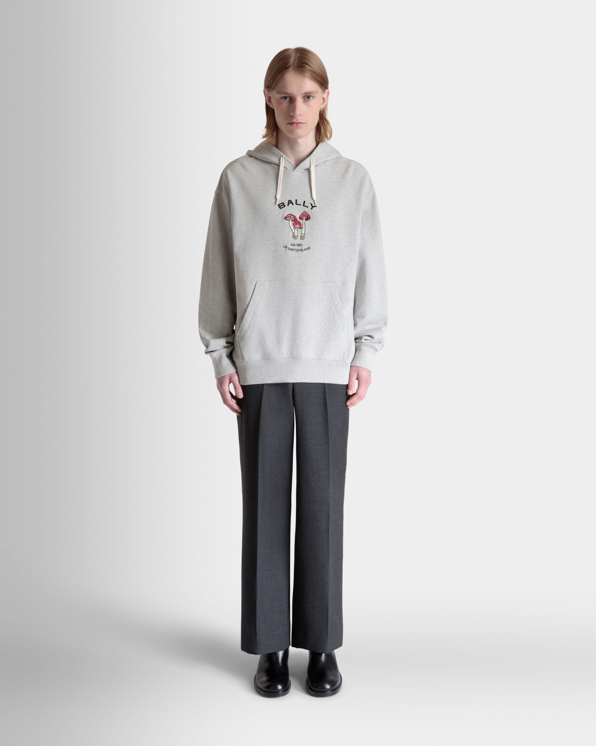 Hoodie With Enchanting Mushrooms in Grey Mélange Cotton - Men's - Bally - 02