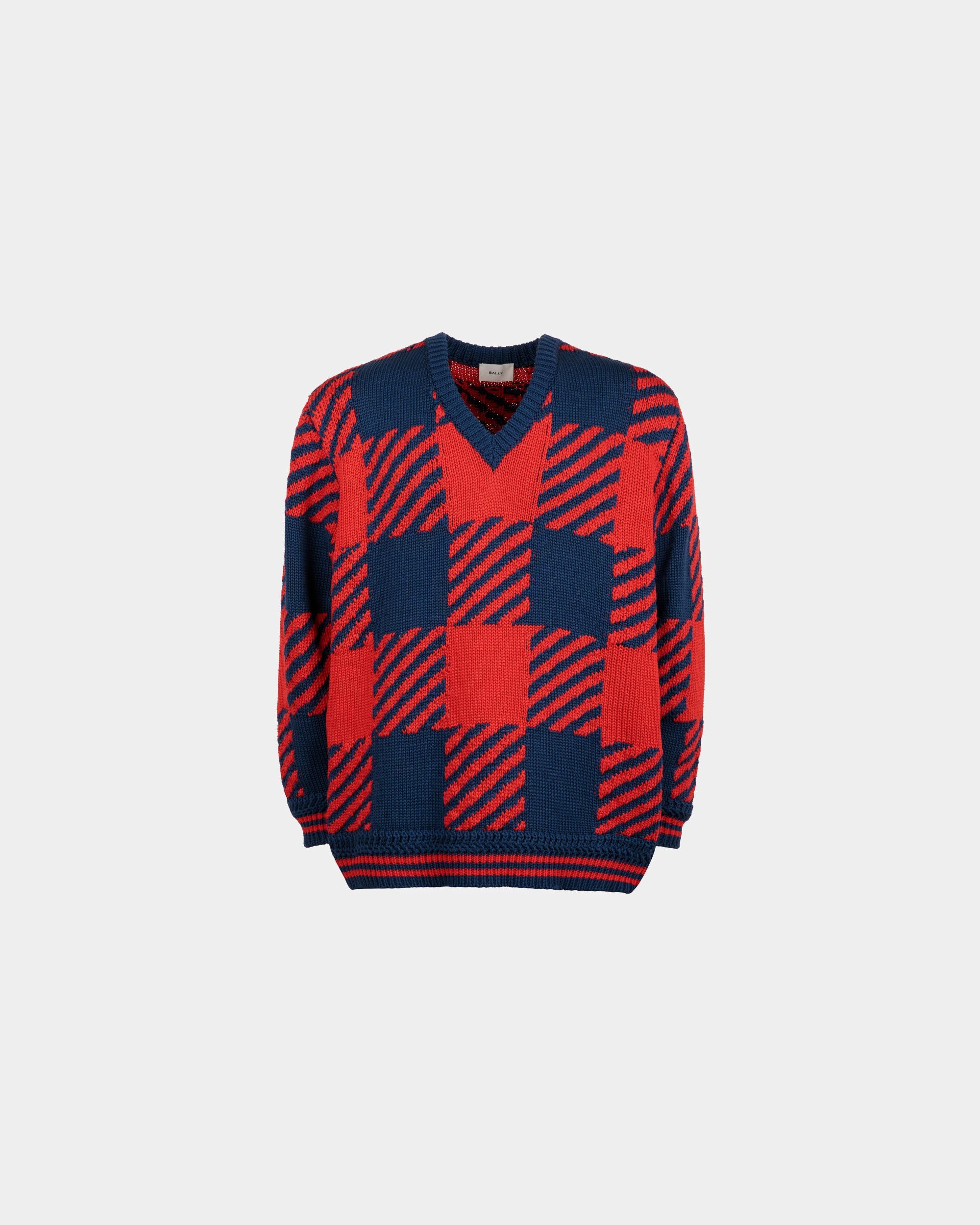 V-Neck Sweater in Red and Blue Cotton - Men's - Bally - 01