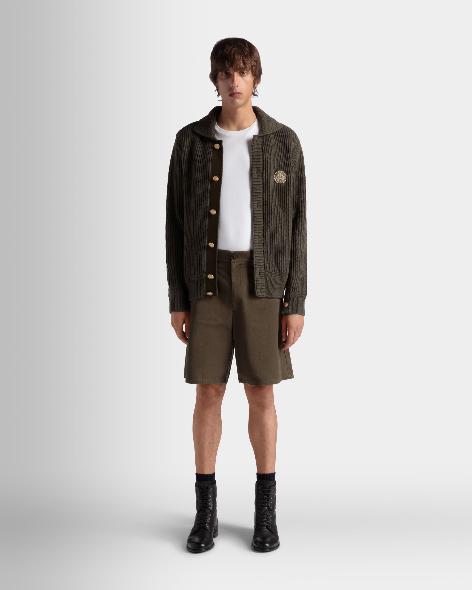 Adrien Brody Travel Collection Cardigan In Military Green Wool - Men's - Bally - 02