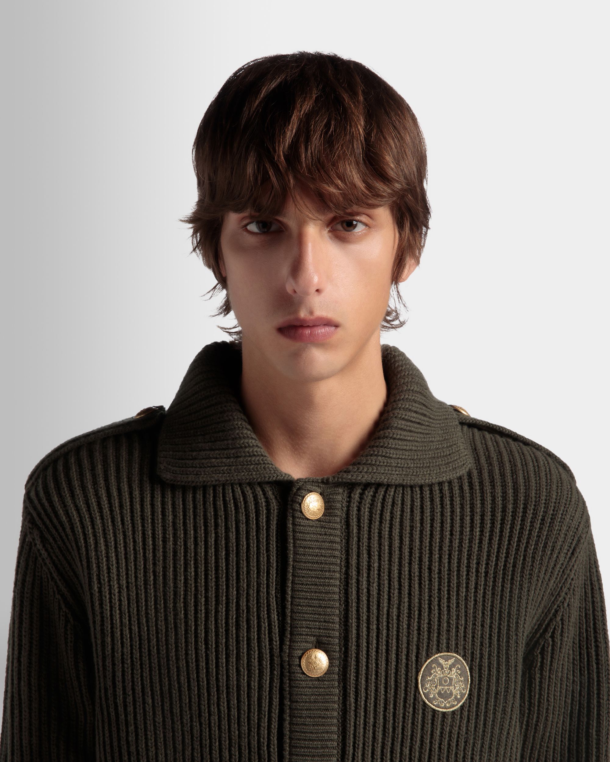 Adrien Brody Travel Collection Cardigan In Military Green Wool - Men's - Bally - 03