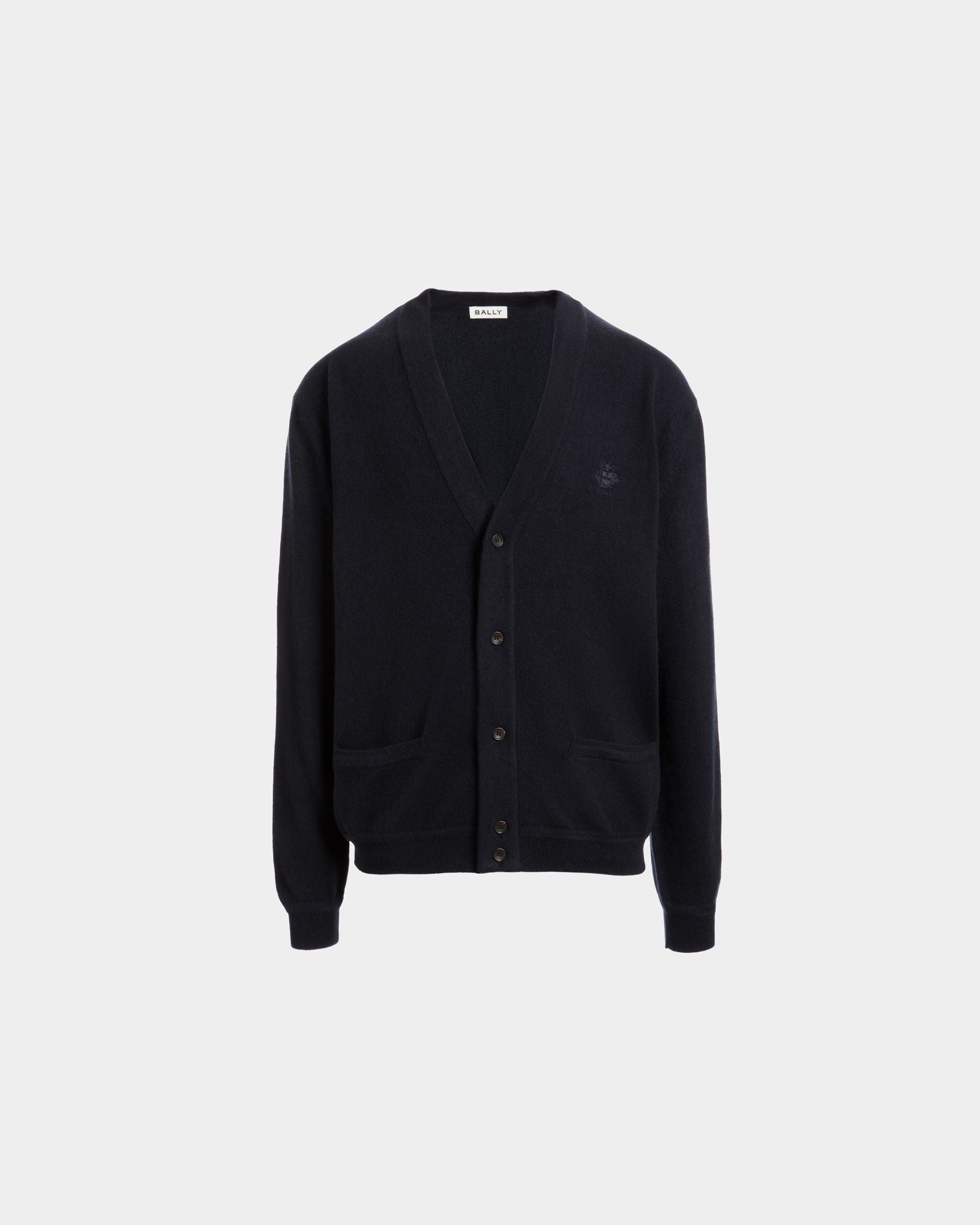 Cardigan With a Bally Crest in Navy Blue Cashmere - Hombre - Bally - 01