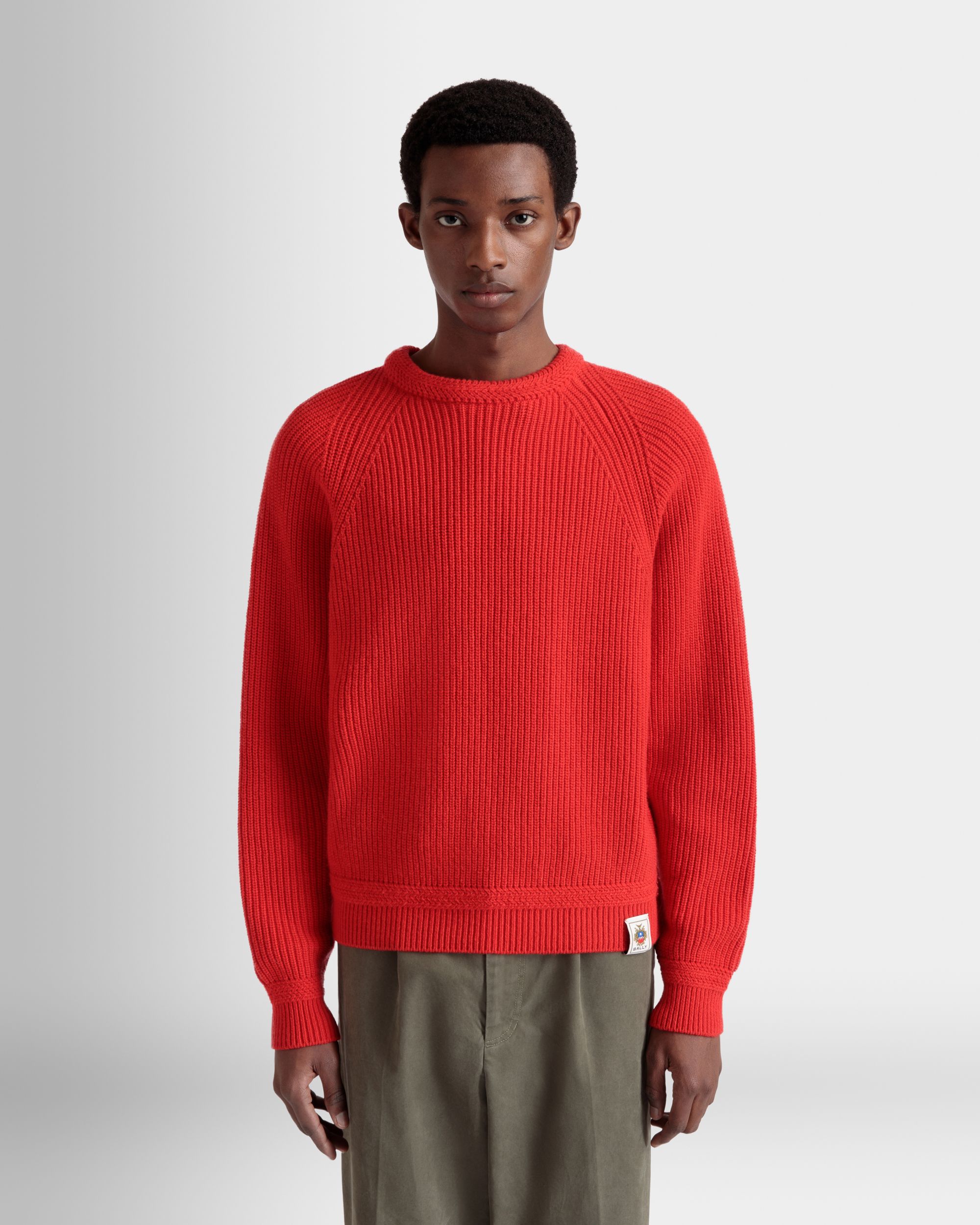 Crewneck Sweater With Bally Crest Logo In Candy Red Wool - Men's - Bally - 03