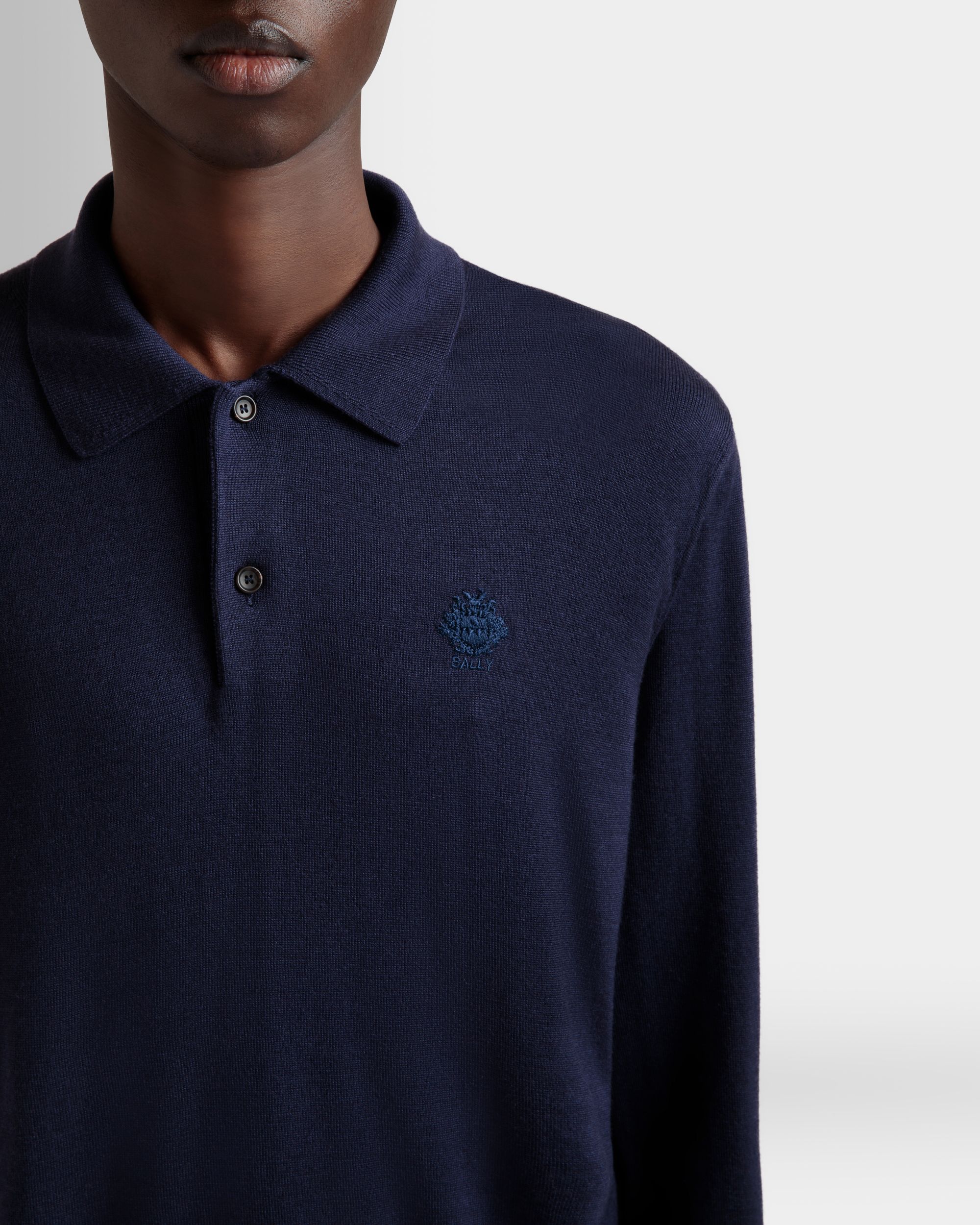 Long Sleeve Polo With Bally Crest Logo in Navy Blue Cashmere Blend - Men's - Bally - 03