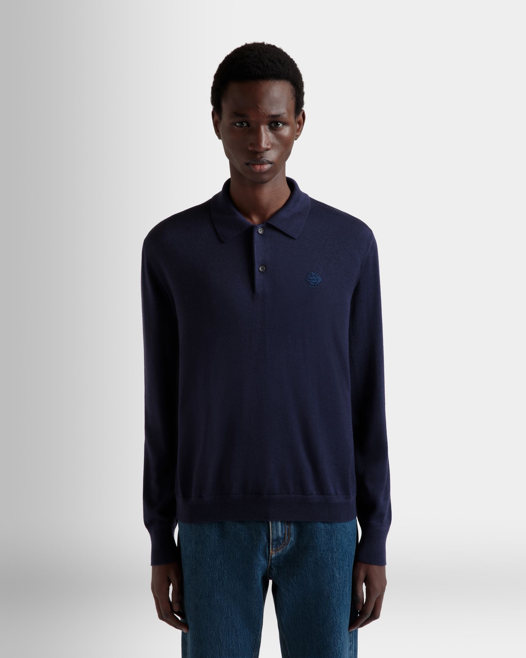 Long Sleeve Polo With Bally Crest Logo in Navy Blue Cashmere Blend - Men's - Bally - 08