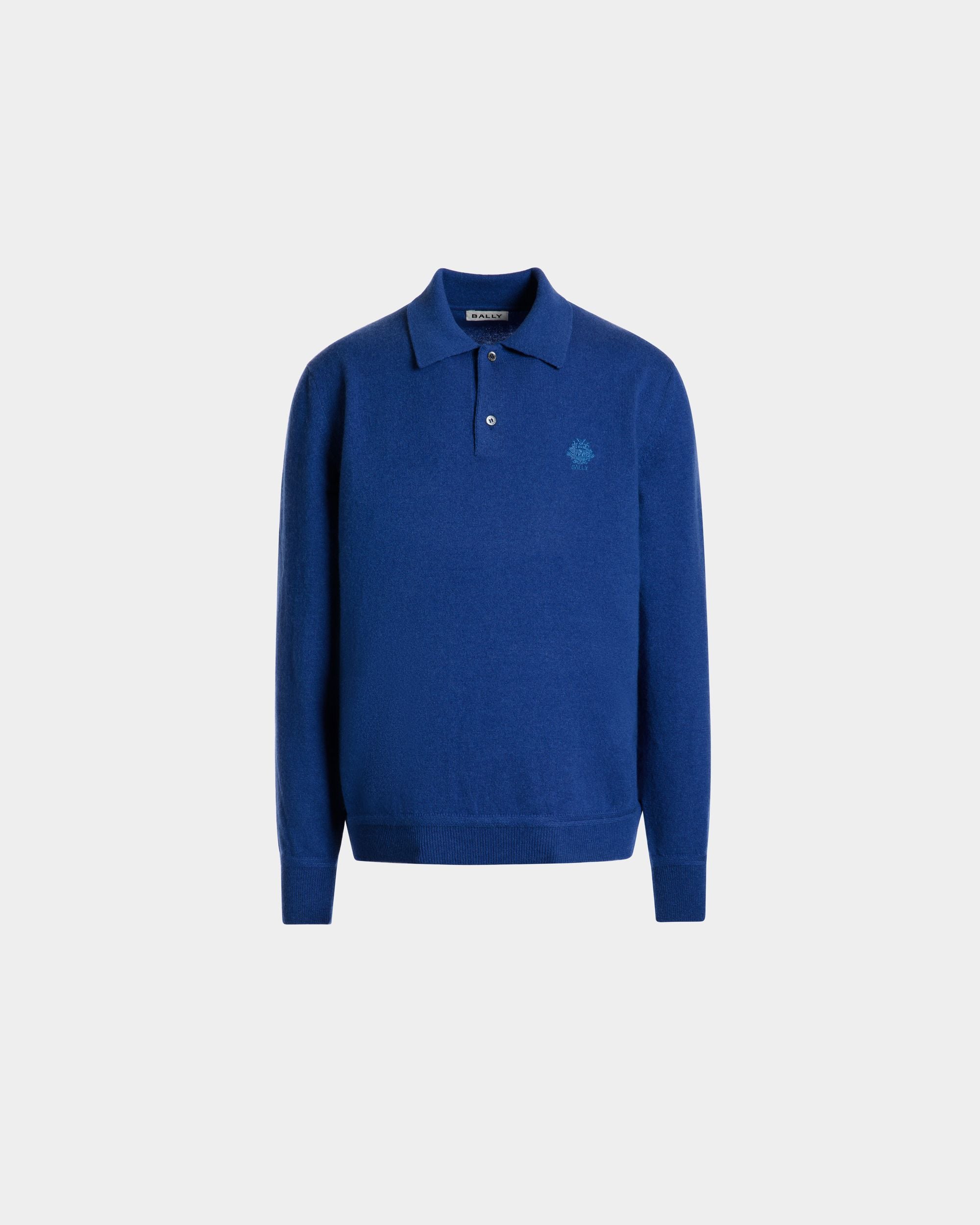 Long Sleeve Polo Shirt With a Bally Crest in Blue Cashmere Blend - Hombre - Bally - 01
