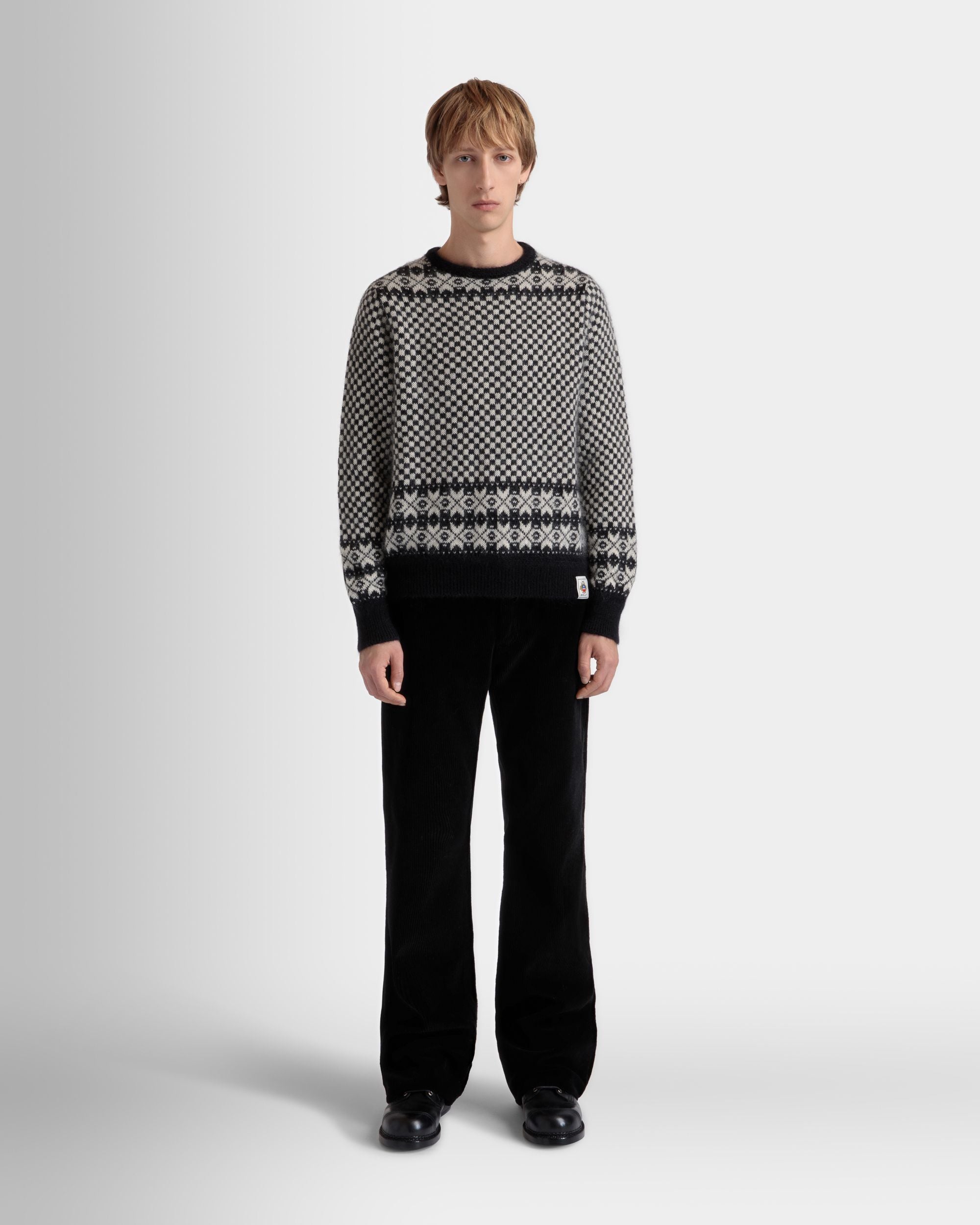 Crewneck Sweater In Black And White Mohair And Silk - Men's - Bally - 02