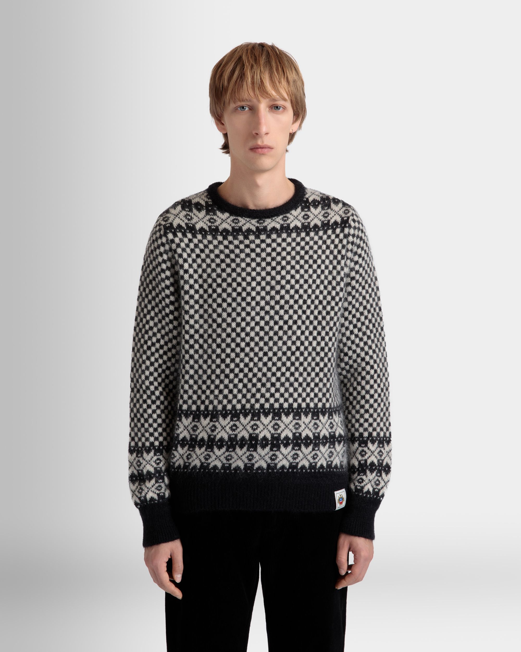 Crewneck Sweater In Black And White Mohair And Silk - Men's - Bally - 03