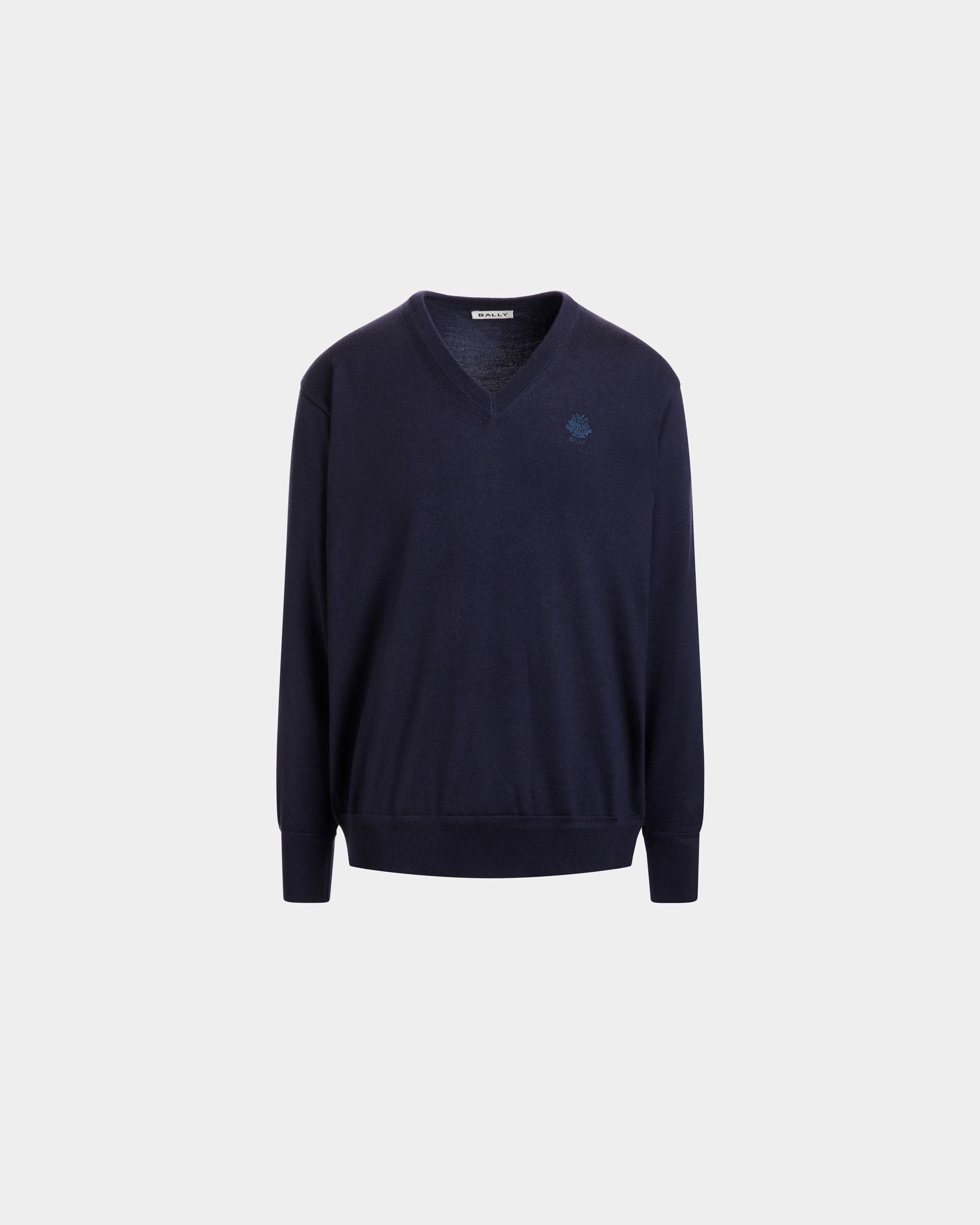 V-Neck Sweater With a Bally Crest in Navy Blue Wool-Cashmere - Hombre - Bally - 01