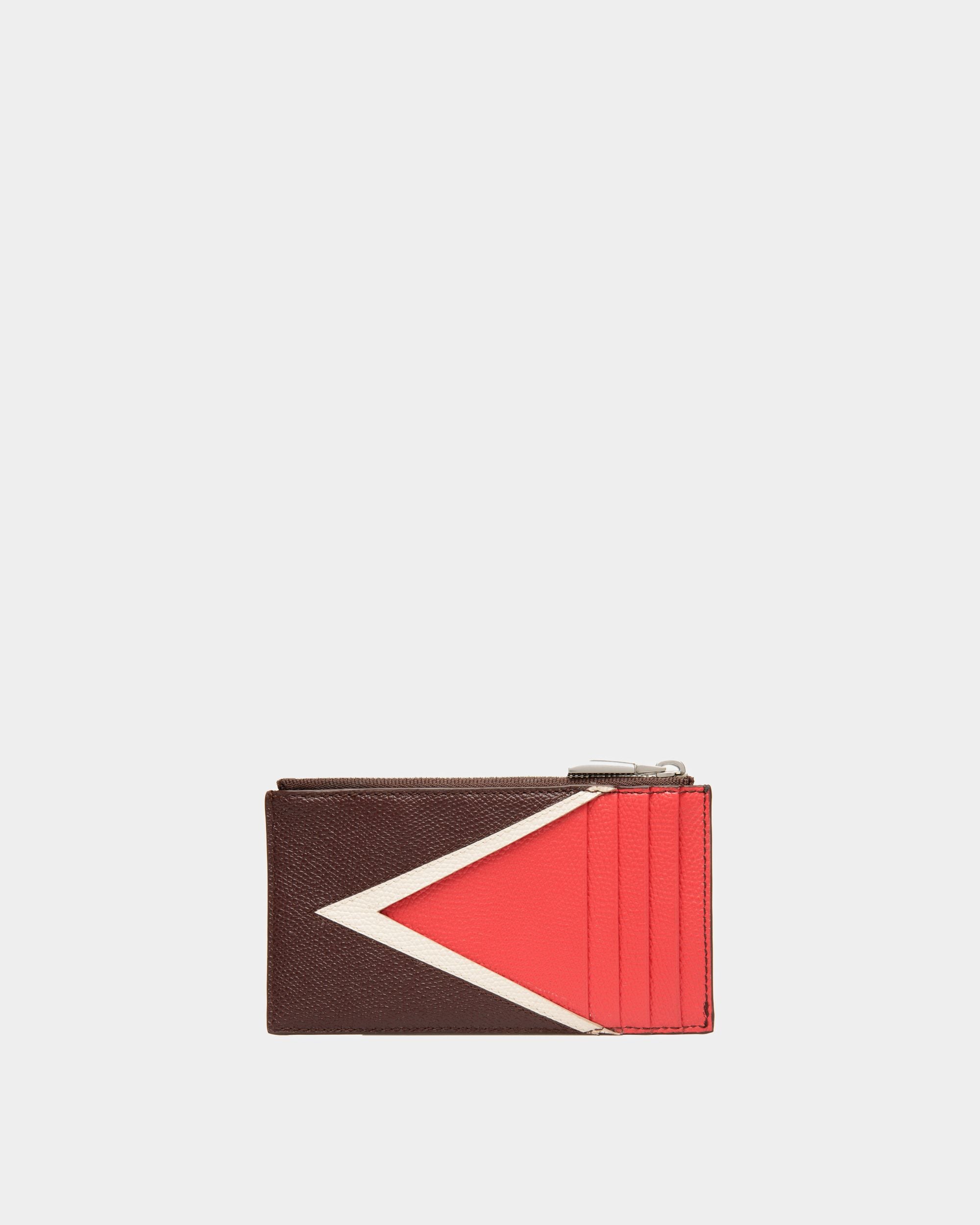 Flag Coin Card Holder In Chestnut Brown And Red Embossed Leather - Men's - Bally - 02