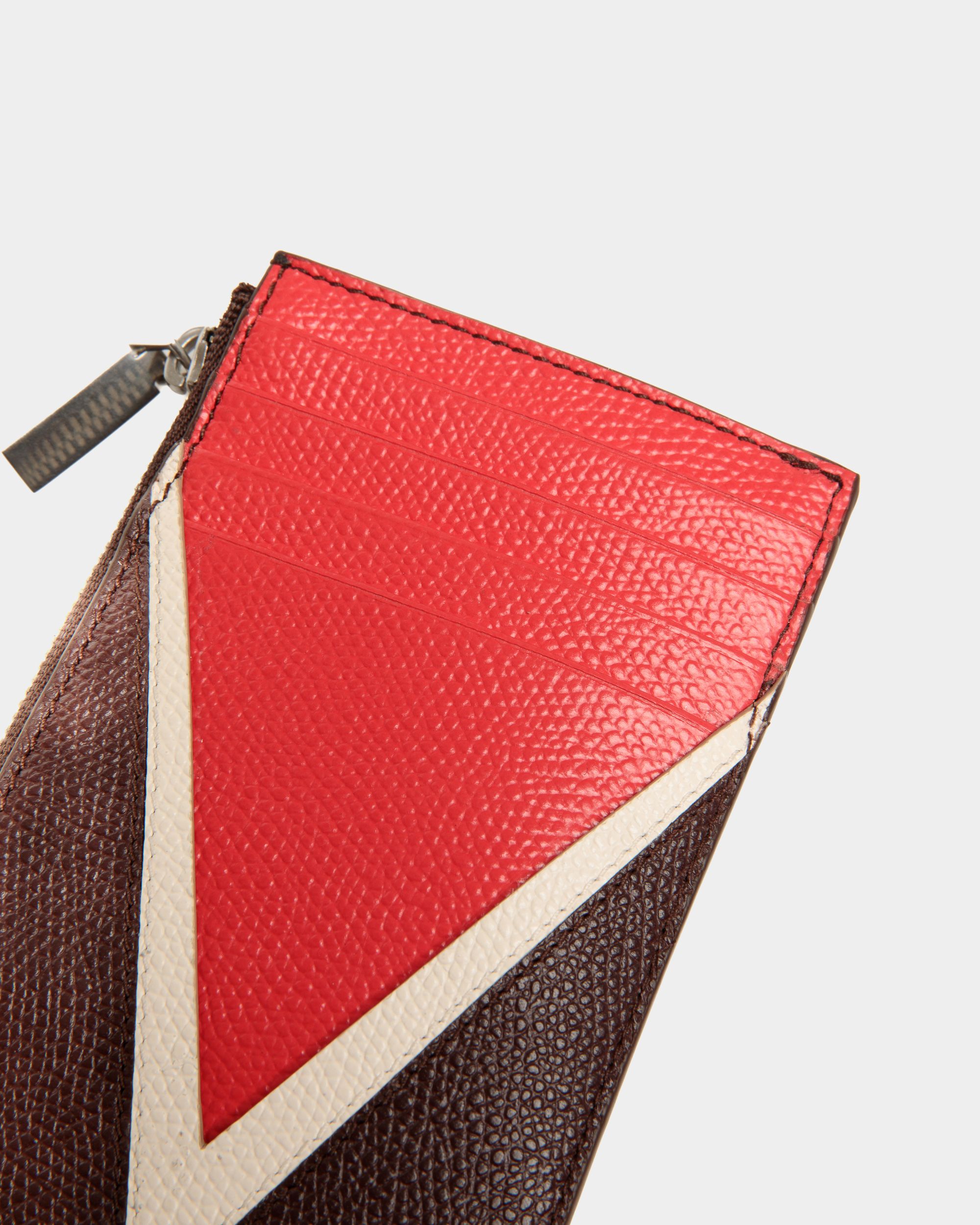 Flag Coin Card Holder In Chestnut Brown And Red Embossed Leather - Men's - Bally - 04