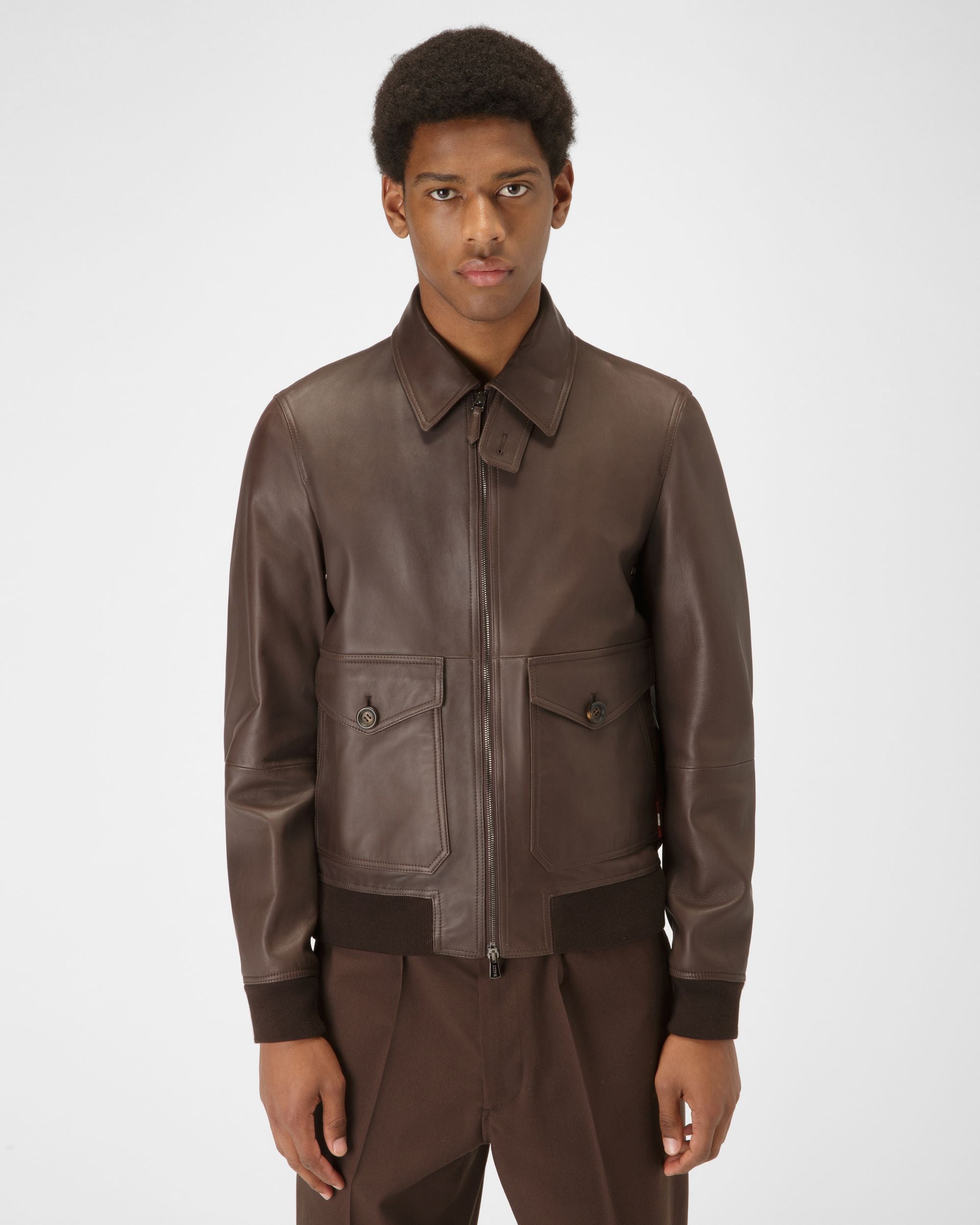 Shirt Collar Jacket Leather Outerwear In Brown - Men's - Bally - 03