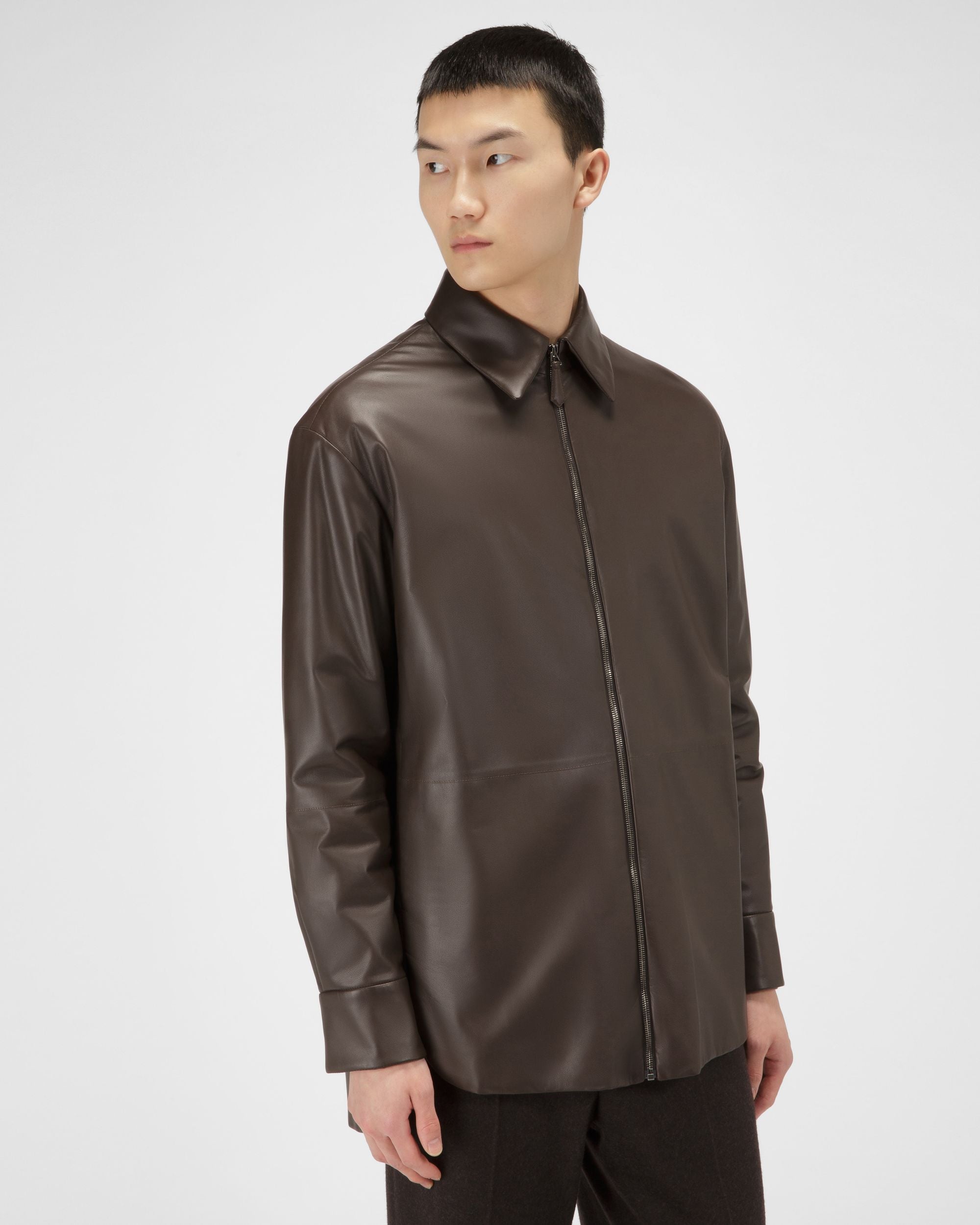 Sobrecamisa Con Cremallera Chaqueta En Piel De Color Marrón Ébano - Hombre - Bally - 01