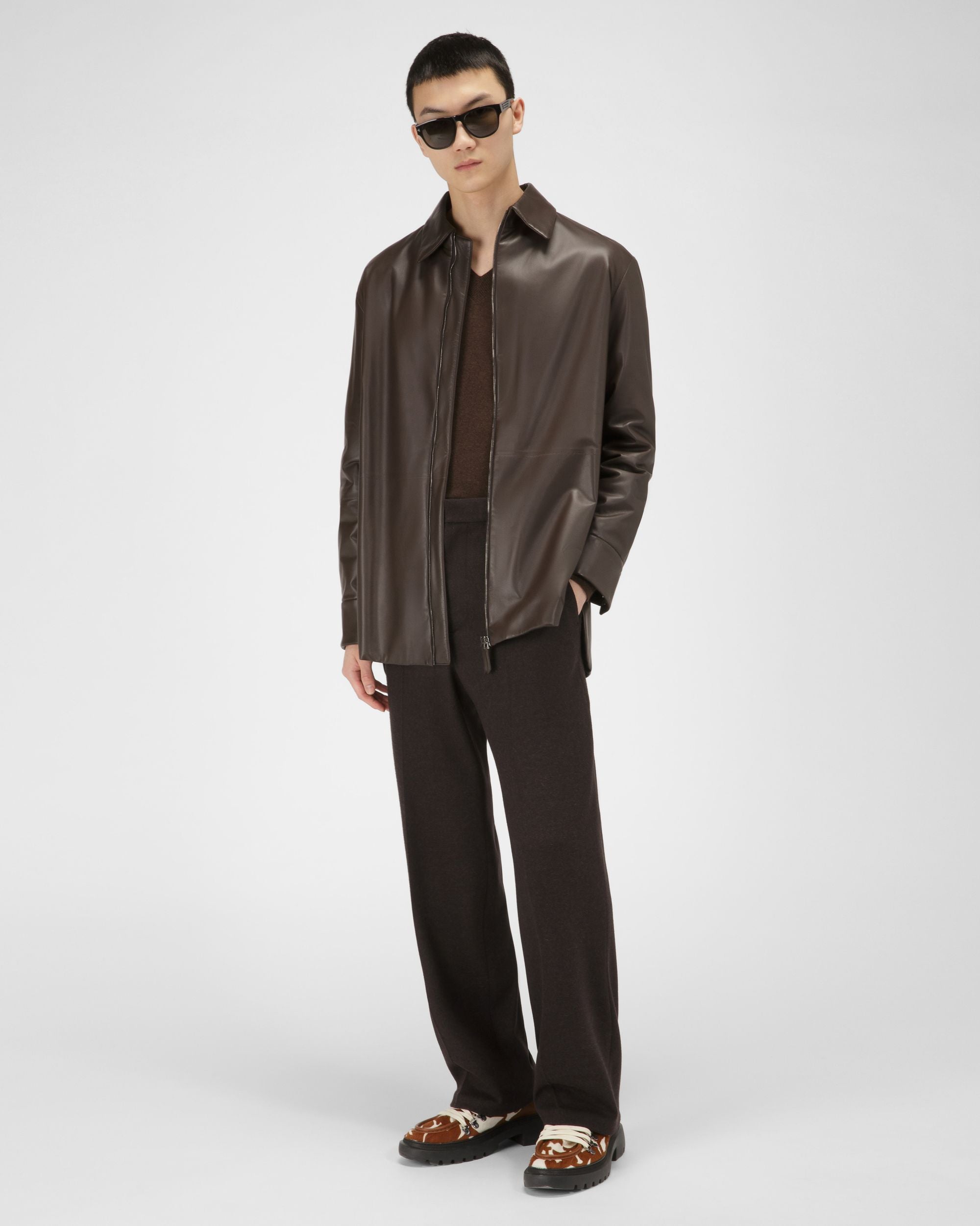 Sobrecamisa Con Cremallera Chaqueta En Piel De Color Marrón Ébano - Hombre - Bally - 05