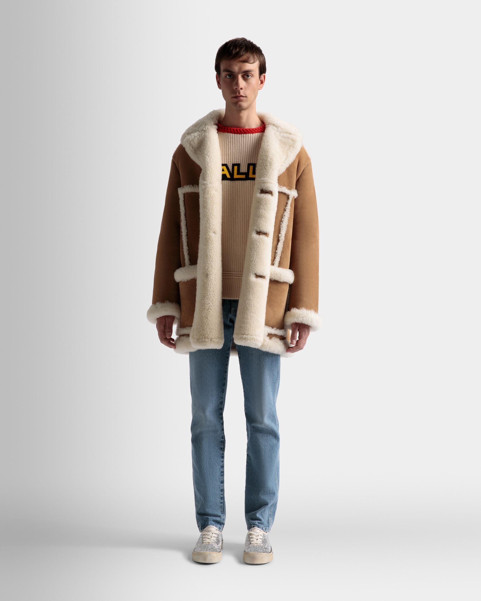 Aviator Coat In Brown Leather and Merino - Men's - Bally - 02
