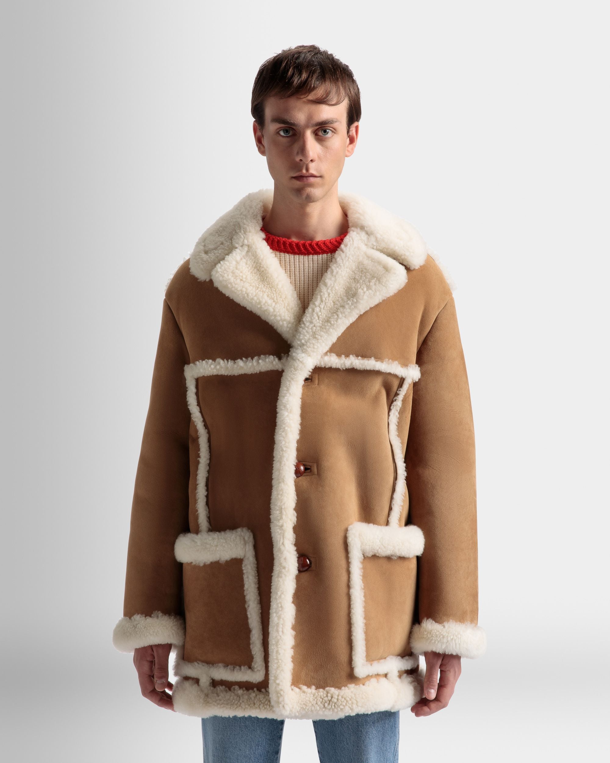 Aviator Coat In Brown Leather and Merino - Men's - Bally - 03