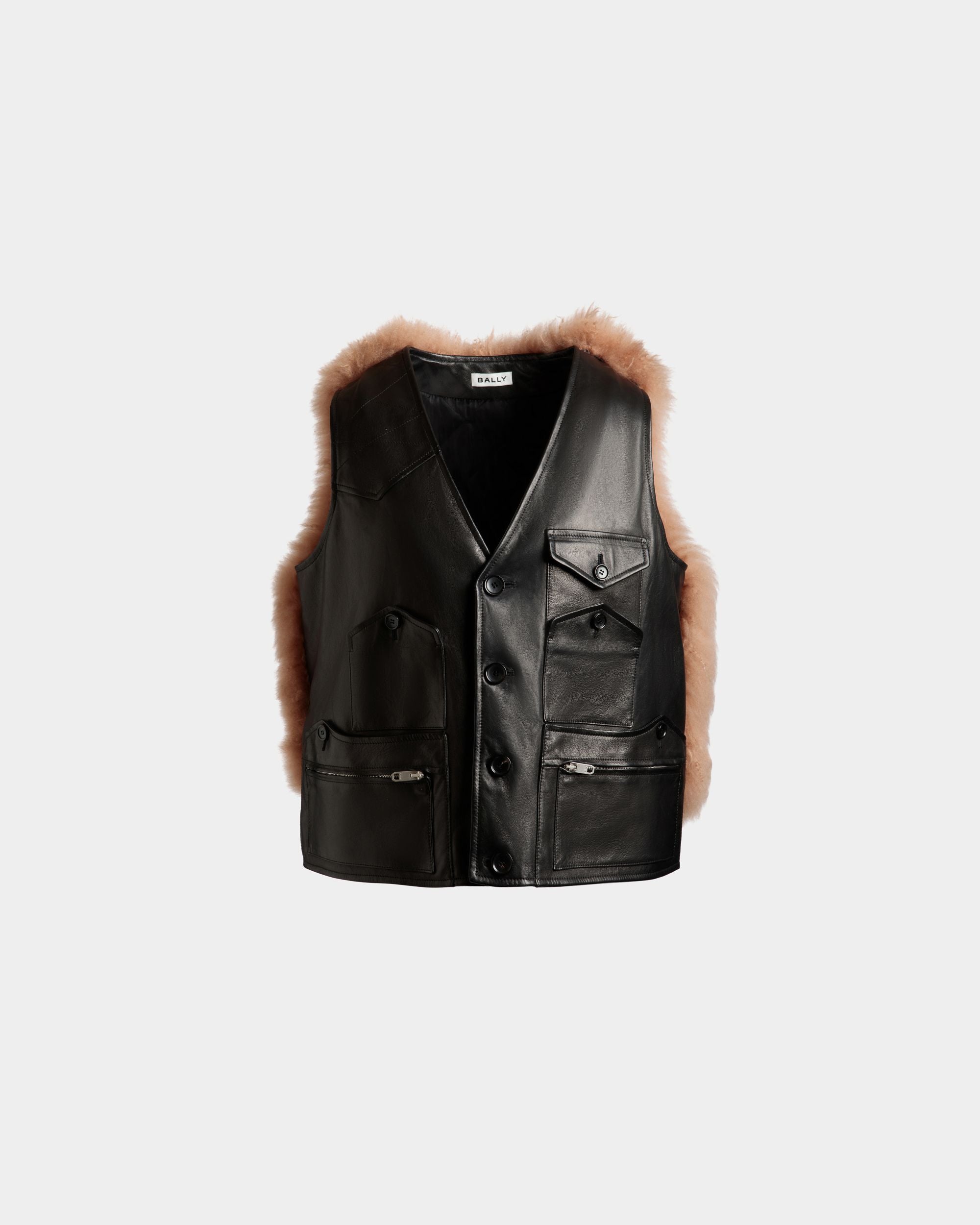 Chaleco De Piel Color Negro Con Aplicación De Borreguito - Hombre - Bally - 01