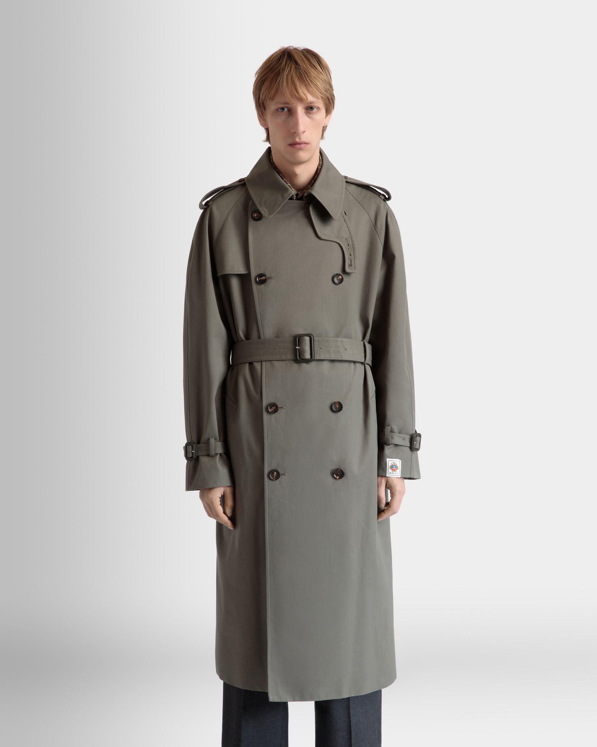 Double-breasted Trench In Military Green Cotton Blend Gabardine - Men's - Bally - 03