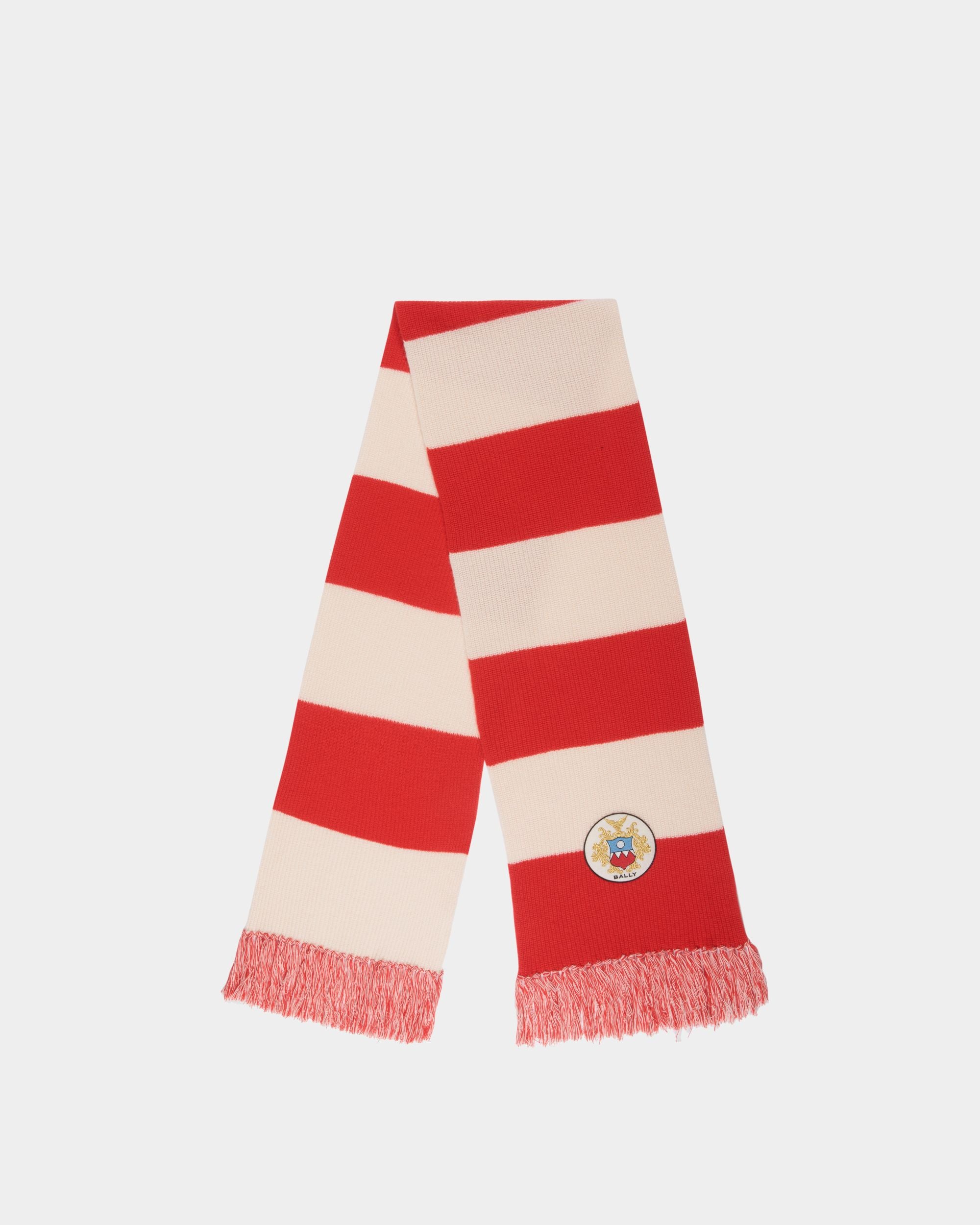 Scarf With a Bally Crest Logo in Candy Red and Ivory Wool - Men's - Bally - 01