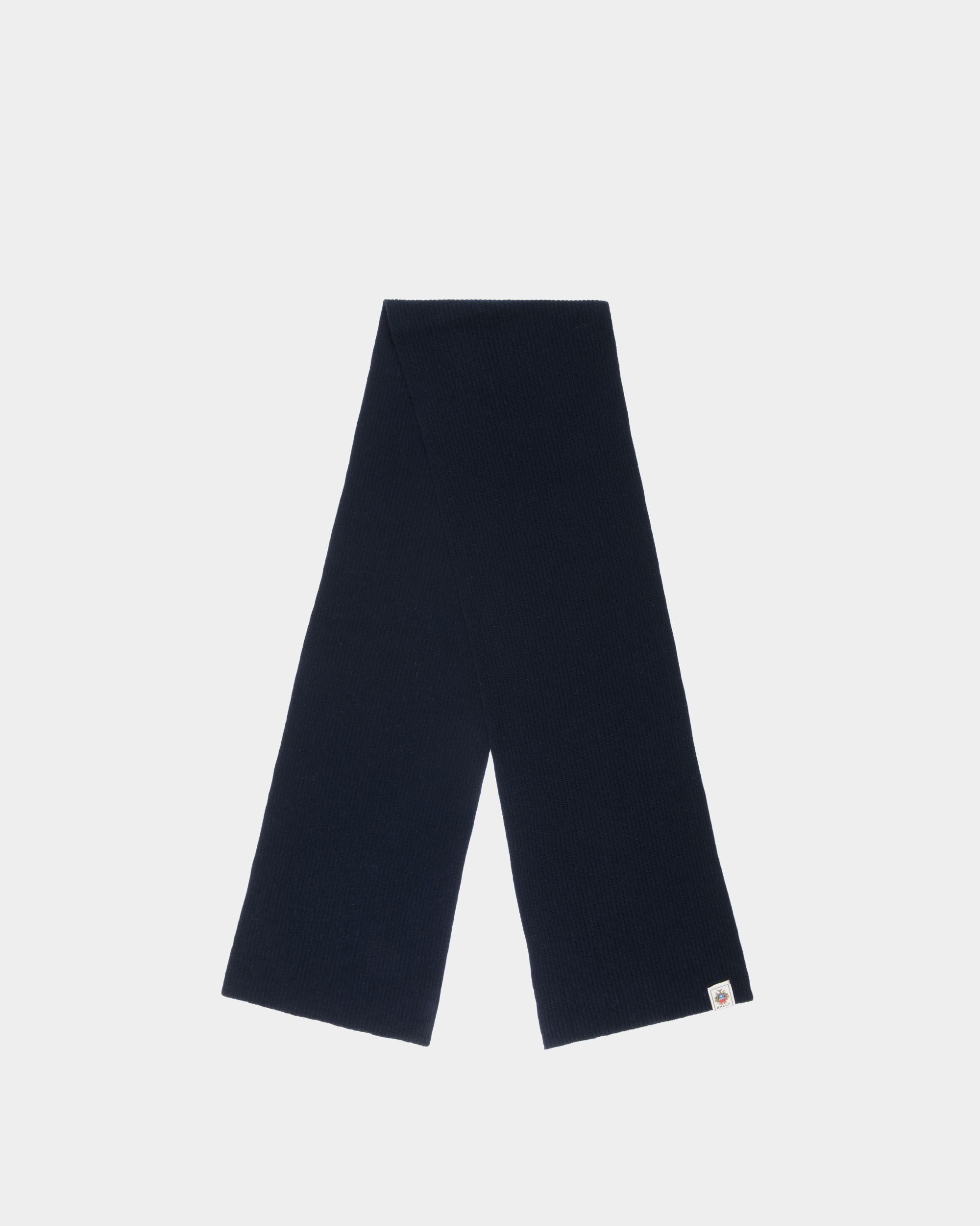 Scarf With Bally Crest Logo In Navy Blue Wool - Men's - Bally - 01
