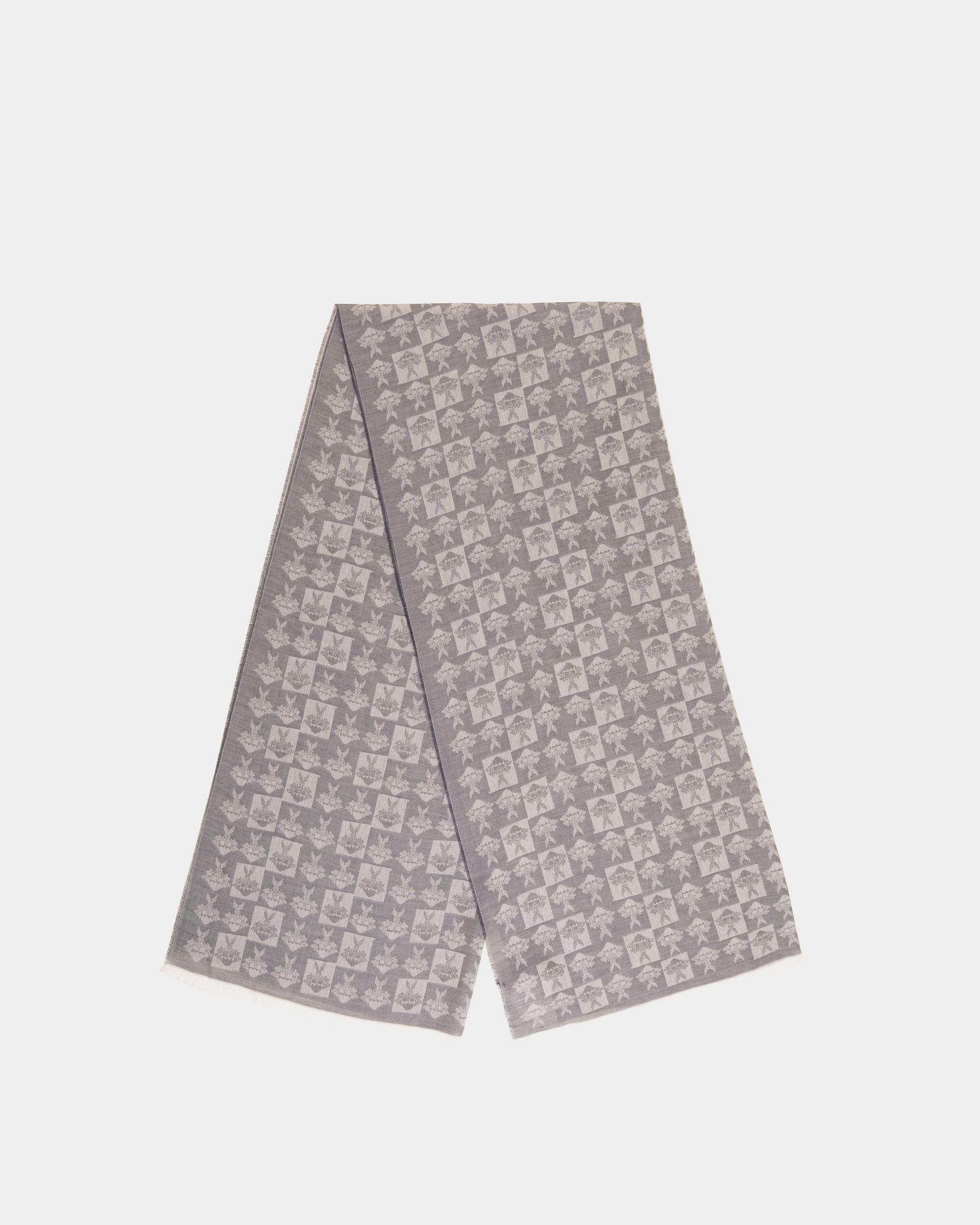 Scarf with an Allover Crest Print in Navy Blue Silk and Cashmere - Hombre - Bally - 01