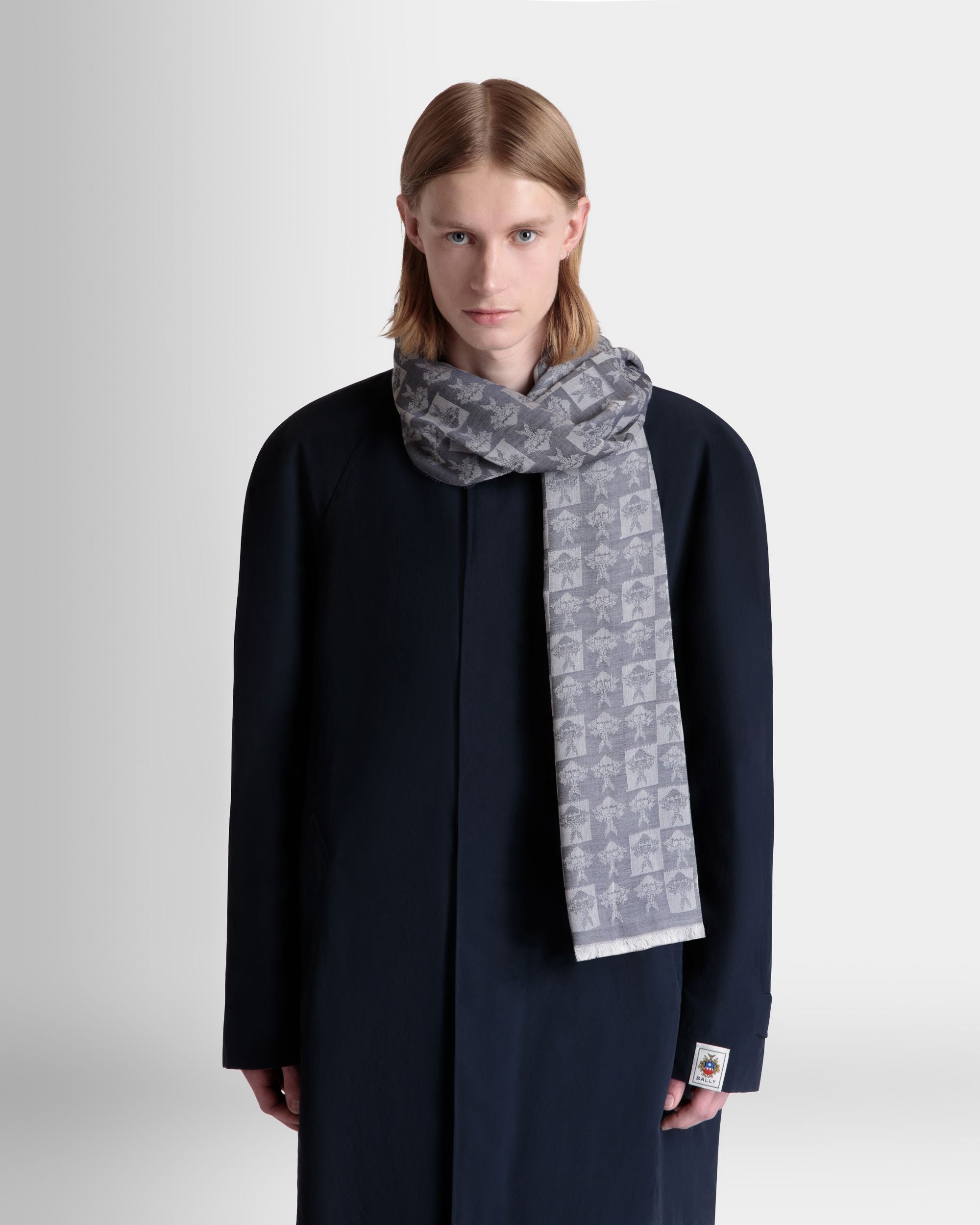 Scarf with an Allover Crest Print in Navy Blue Silk and Cashmere - Hombre - Bally - 02