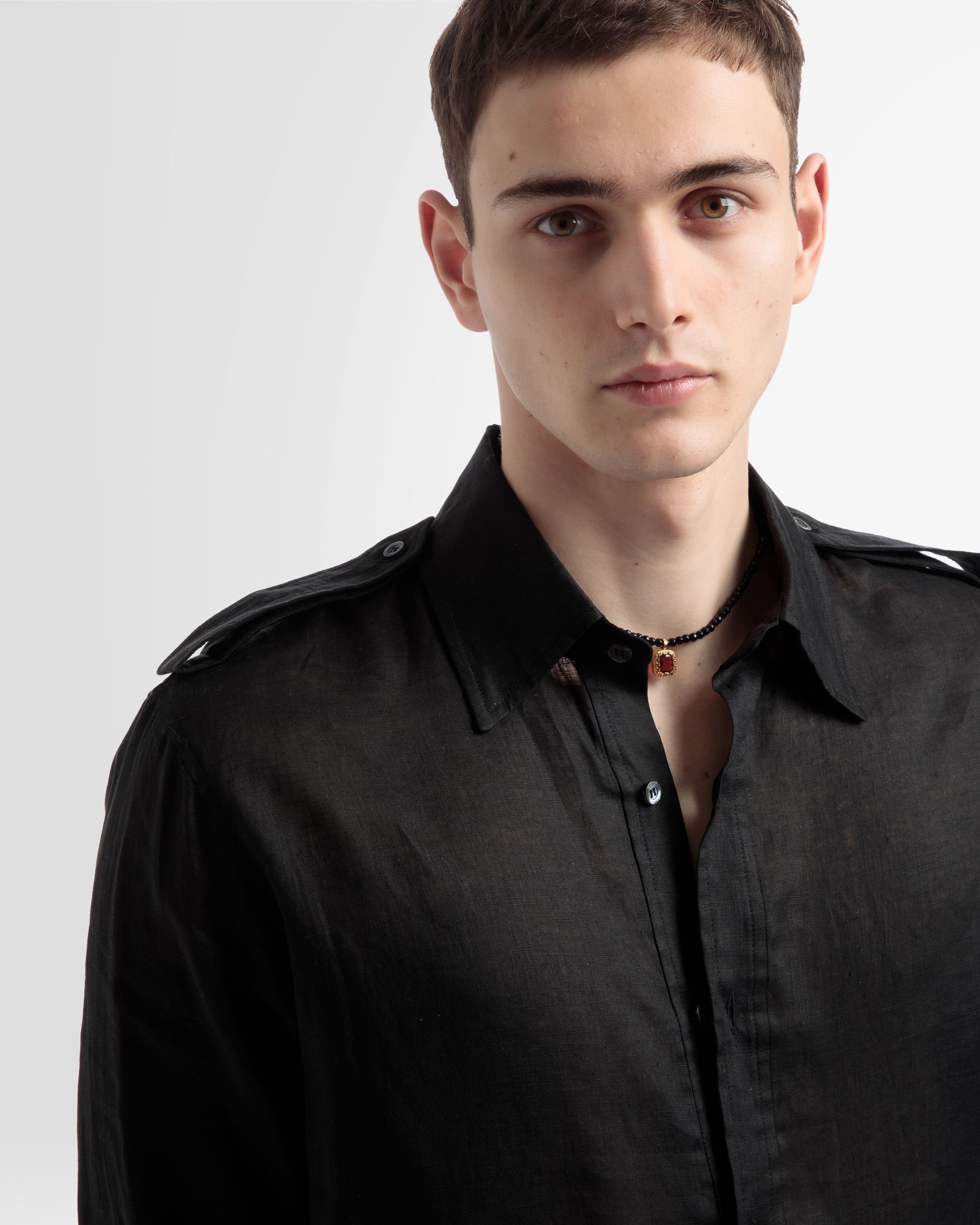 Half Button Shirt In Black Linen - Men's - Bally - 03