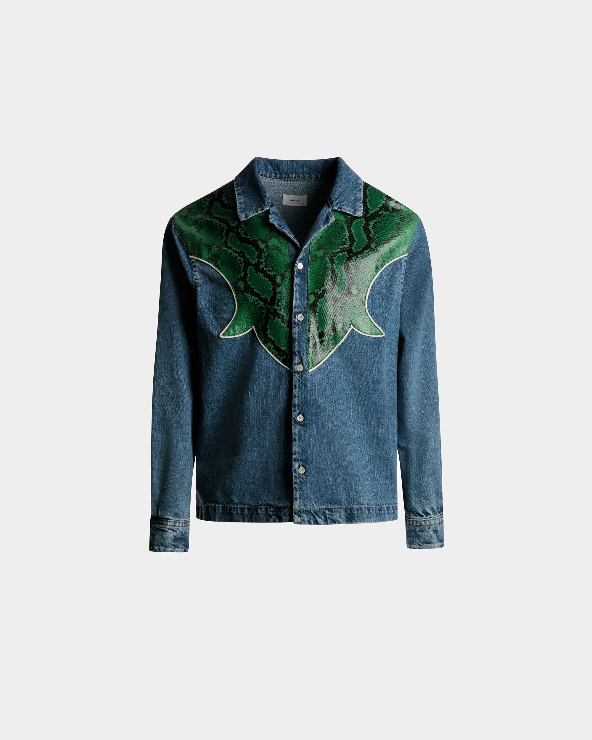 Shirt In Light Blue Chambray and Green Python Print Leather - Men's - Bally - 01