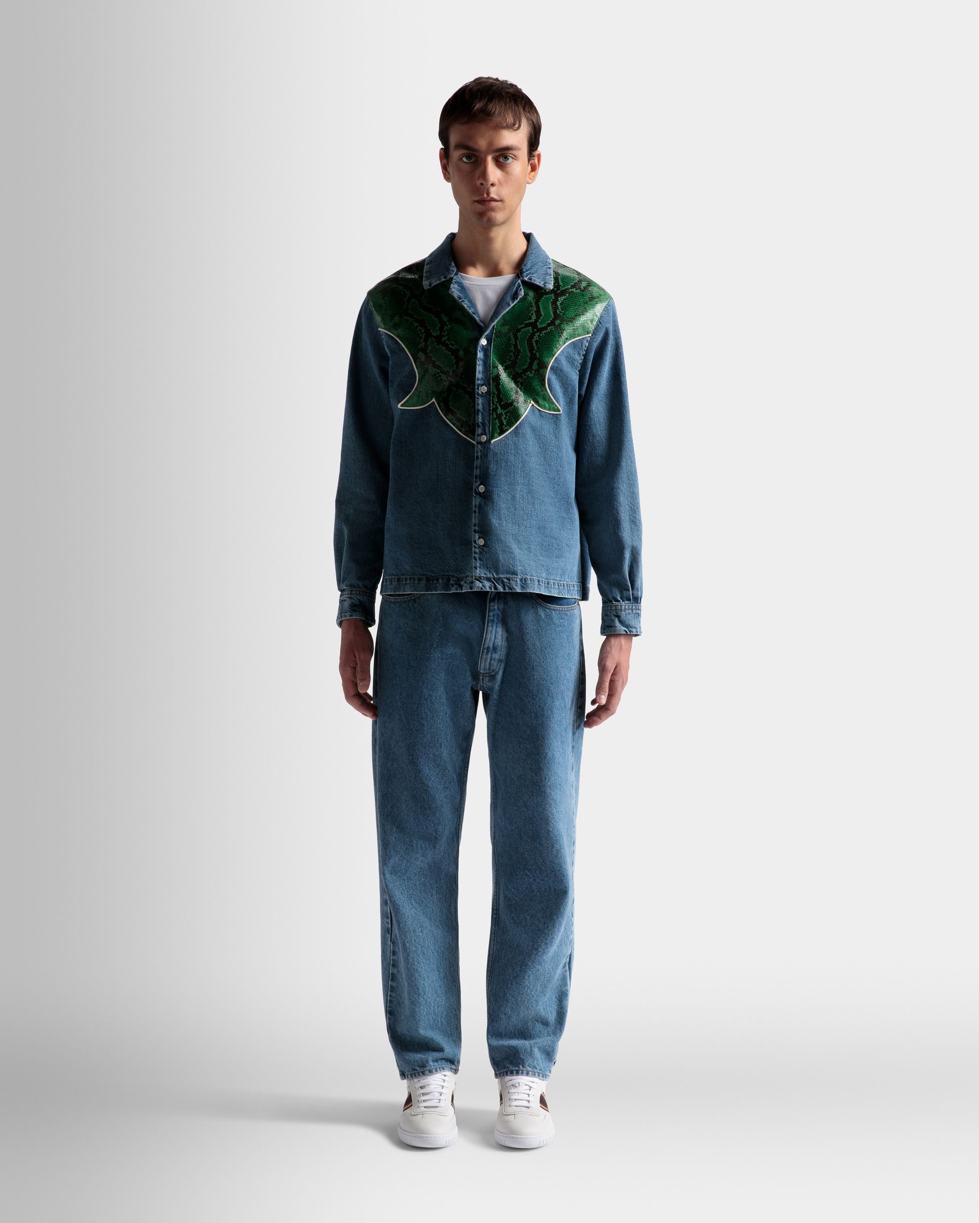 Shirt In Light Blue Chambray and Green Python Print Leather - Men's - Bally - 02