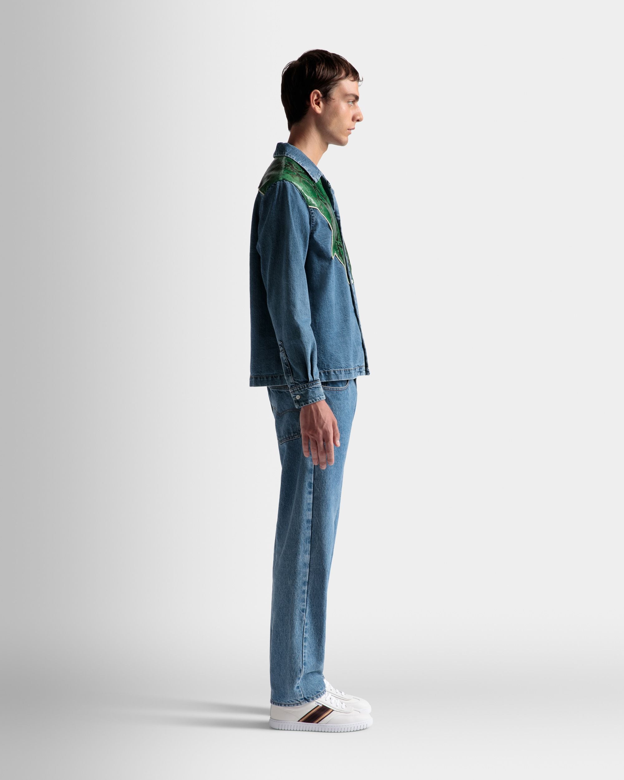 Shirt In Light Blue Chambray and Green Python Print Leather - Men's - Bally - 05