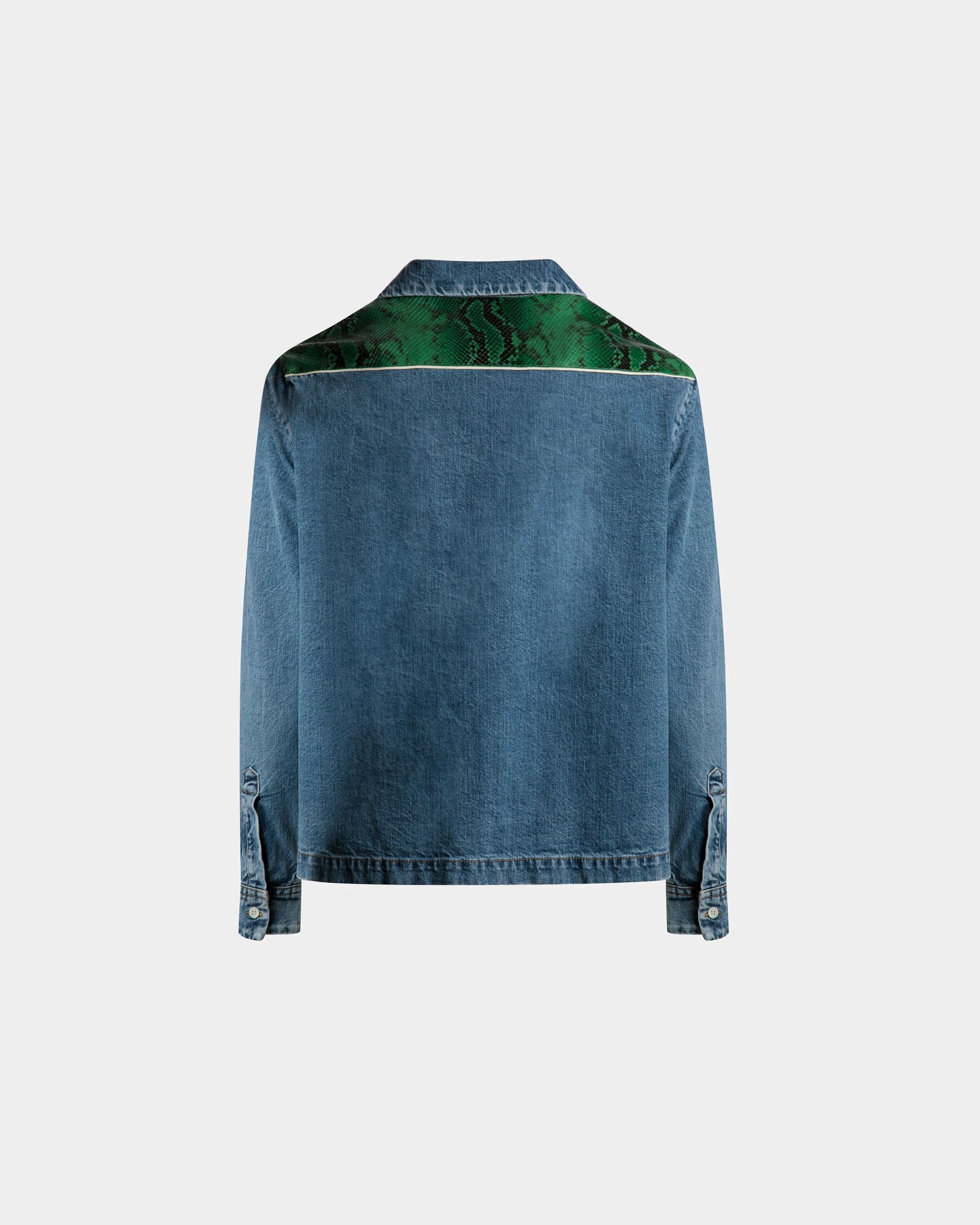 Shirt In Light Blue Chambray and Green Python Print Leather - Men's - Bally - 07