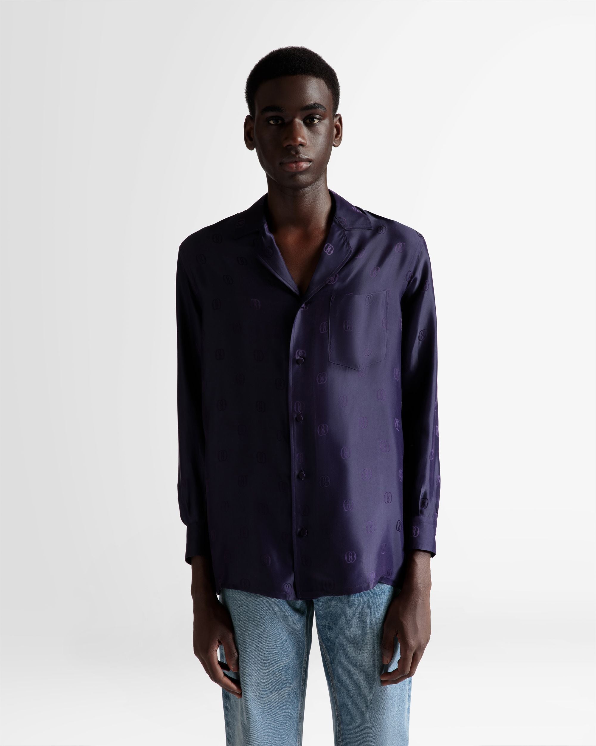 Emblem Print Shirt In Orchid Silk - Men's - Bally - 02