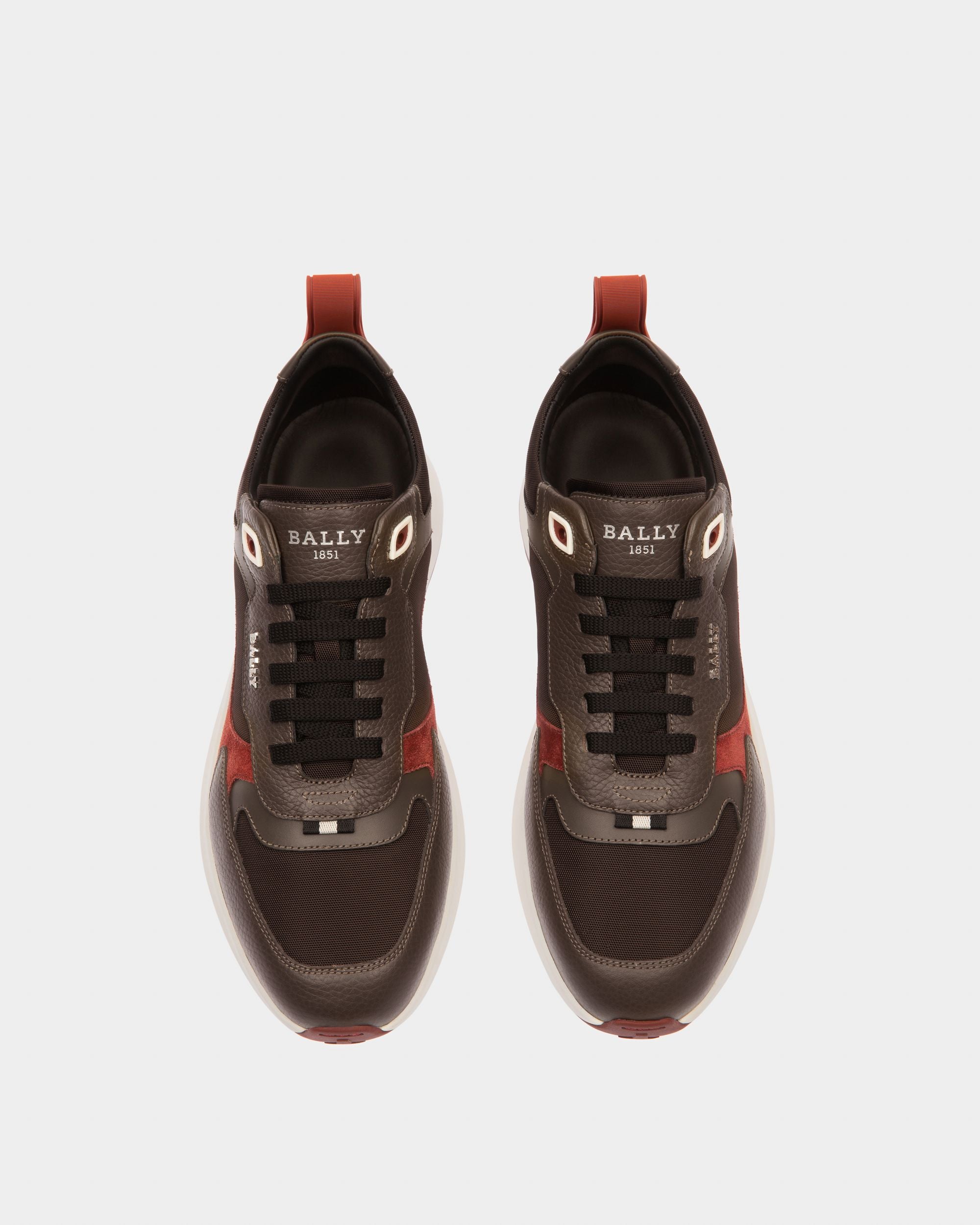 Dave Leather And Fabric Sneakers In Ebony Brown And Army Green - Men's - Bally - 03