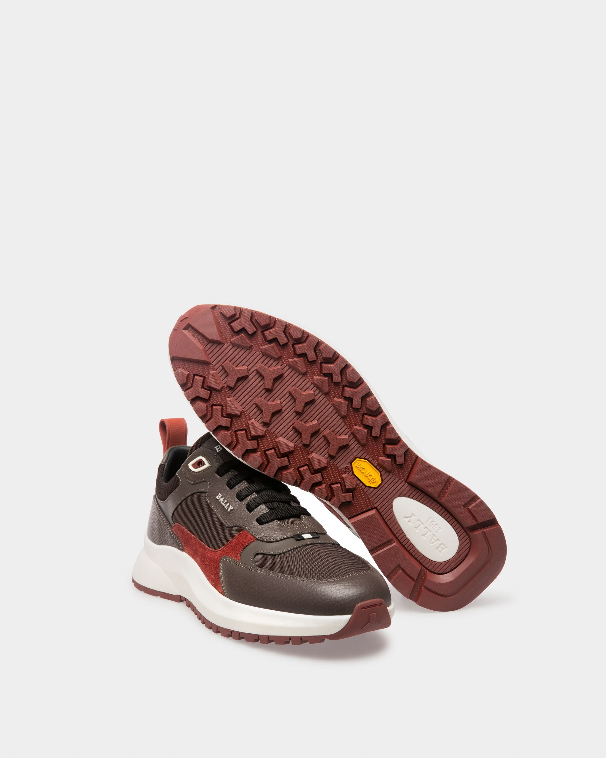 Dave Leather And Fabric Sneakers In Ebony Brown And Army Green - Men's - Bally - 05