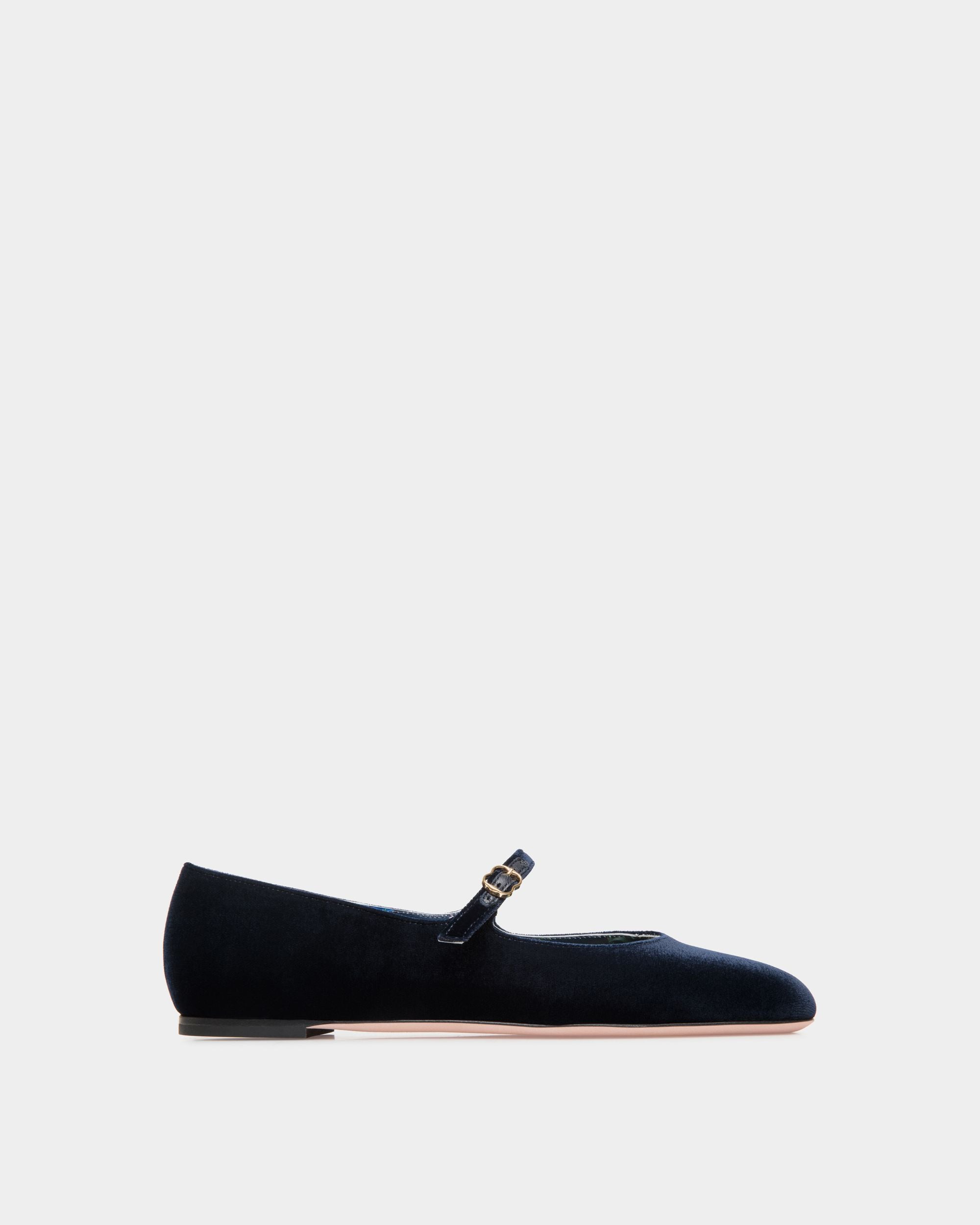 Ballyrina Flat in Navy Blue Velvet Fabric - Women's - Bally - 01