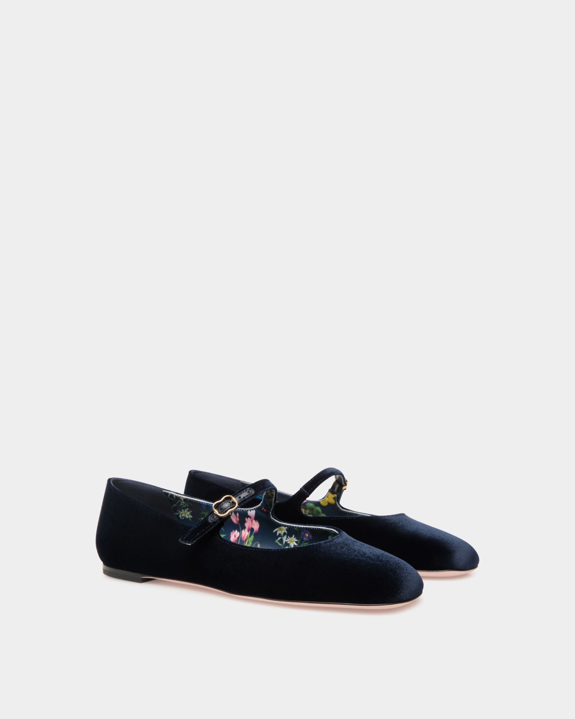Ballyrina Flat in Navy Blue Velvet Fabric - Women's - Bally - 03