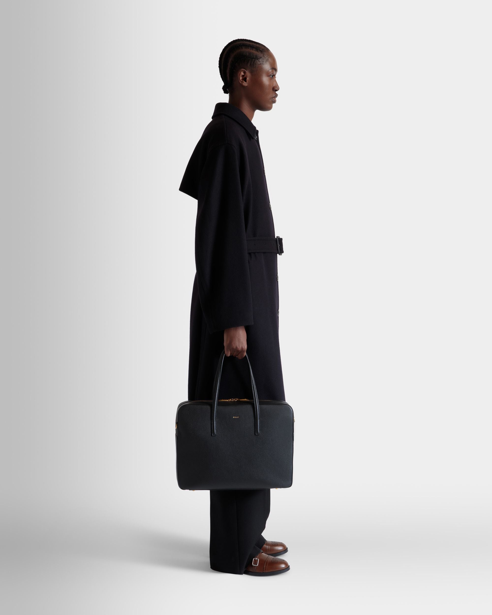 Emblem Business Bag in Black Grained Leather - Women's - Bally - 02