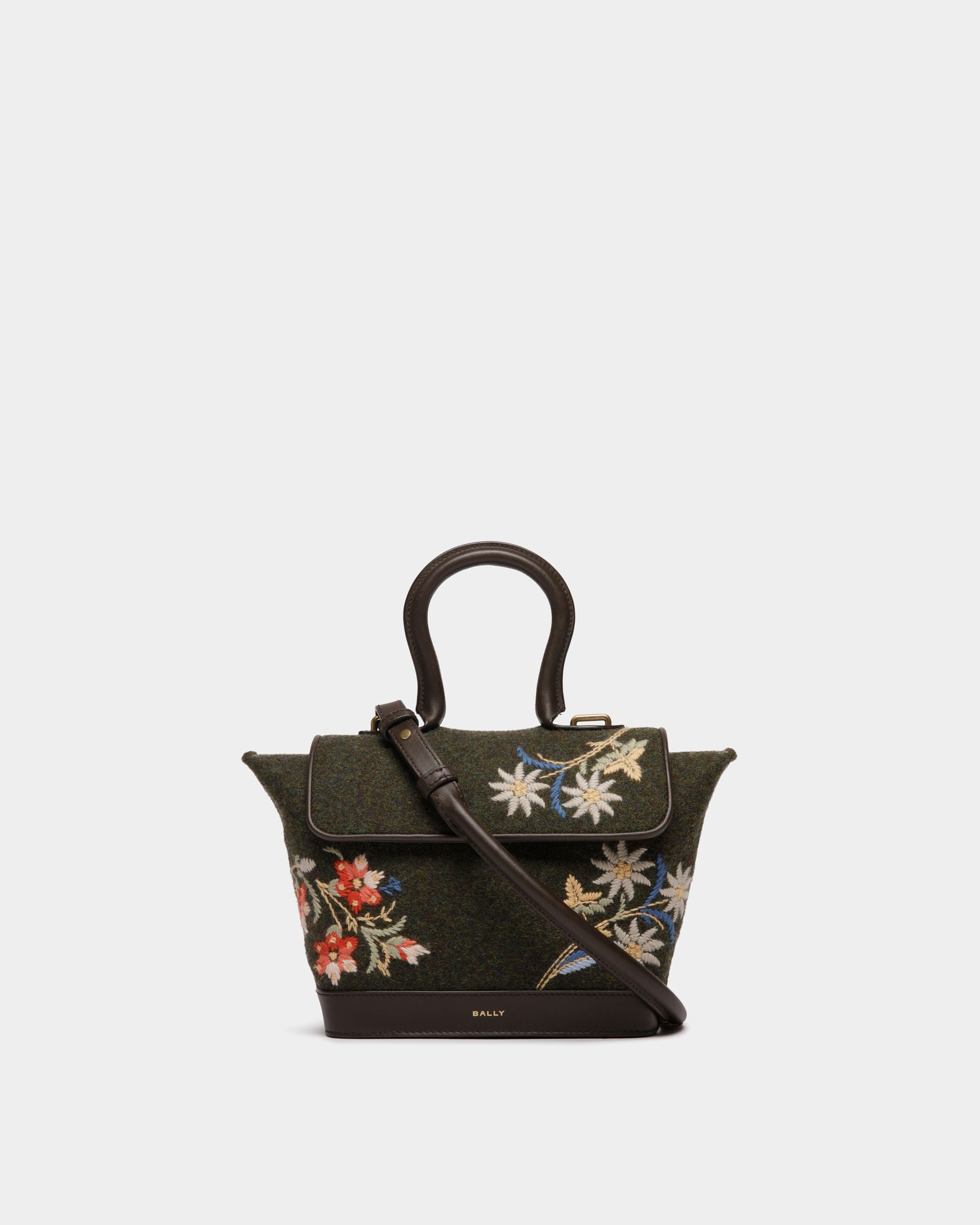 Bolso Con Asa Superior De La Cápsula Winter De Lana Verde Oscuro Y Piel Ébano Con Alpine Flowers - Mujer - Bally - 01
