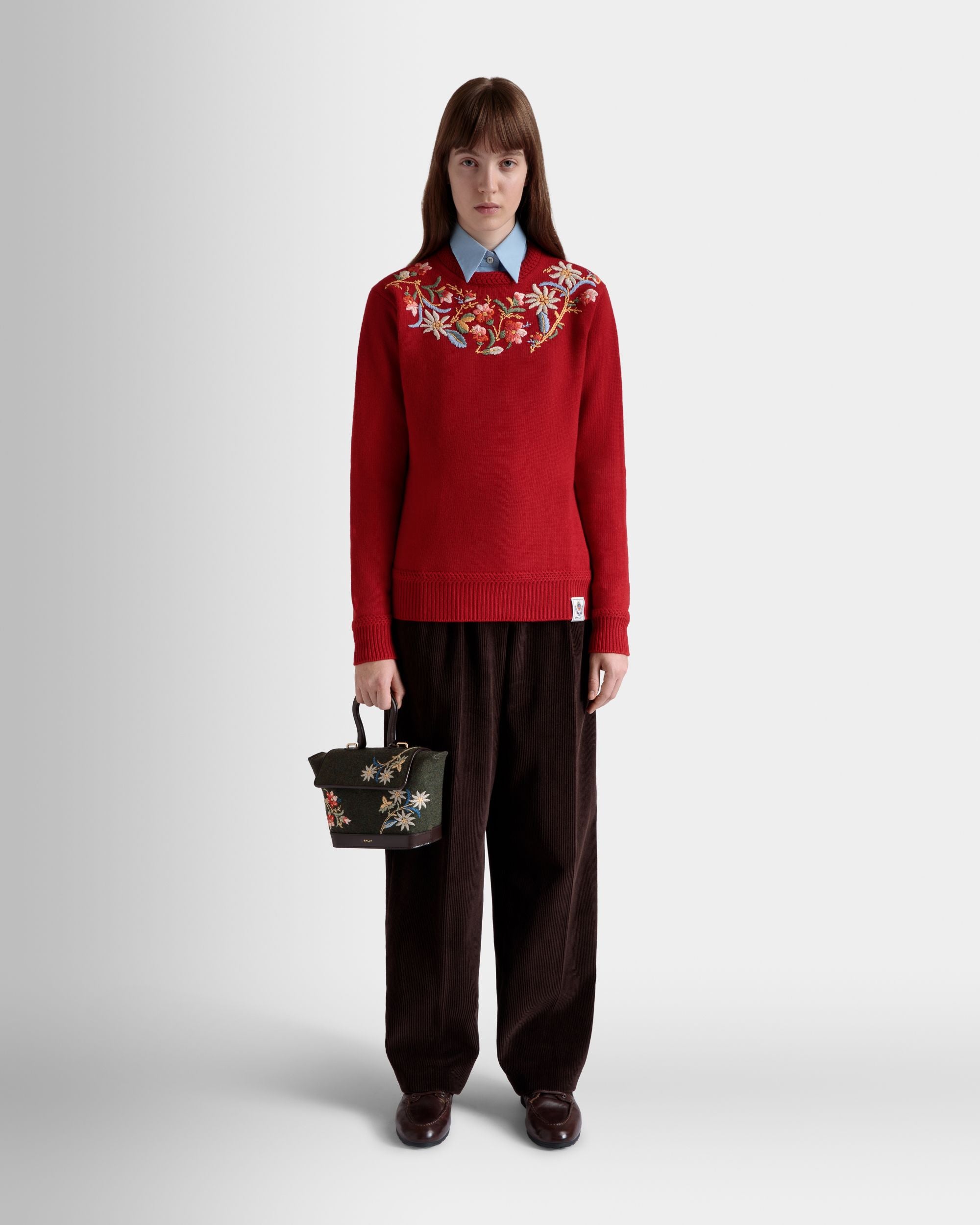 Bolso Con Asa Superior De La Cápsula Winter De Lana Verde Oscuro Y Piel Ébano Con Alpine Flowers - Mujer - Bally - 02