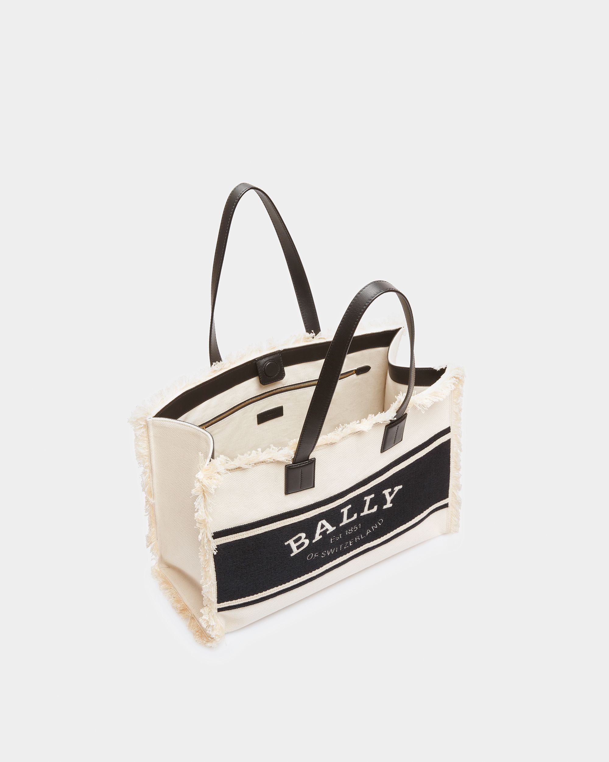 Crystalia Wide Canvas Tote In Natural And Black - Women's - Bally - 03