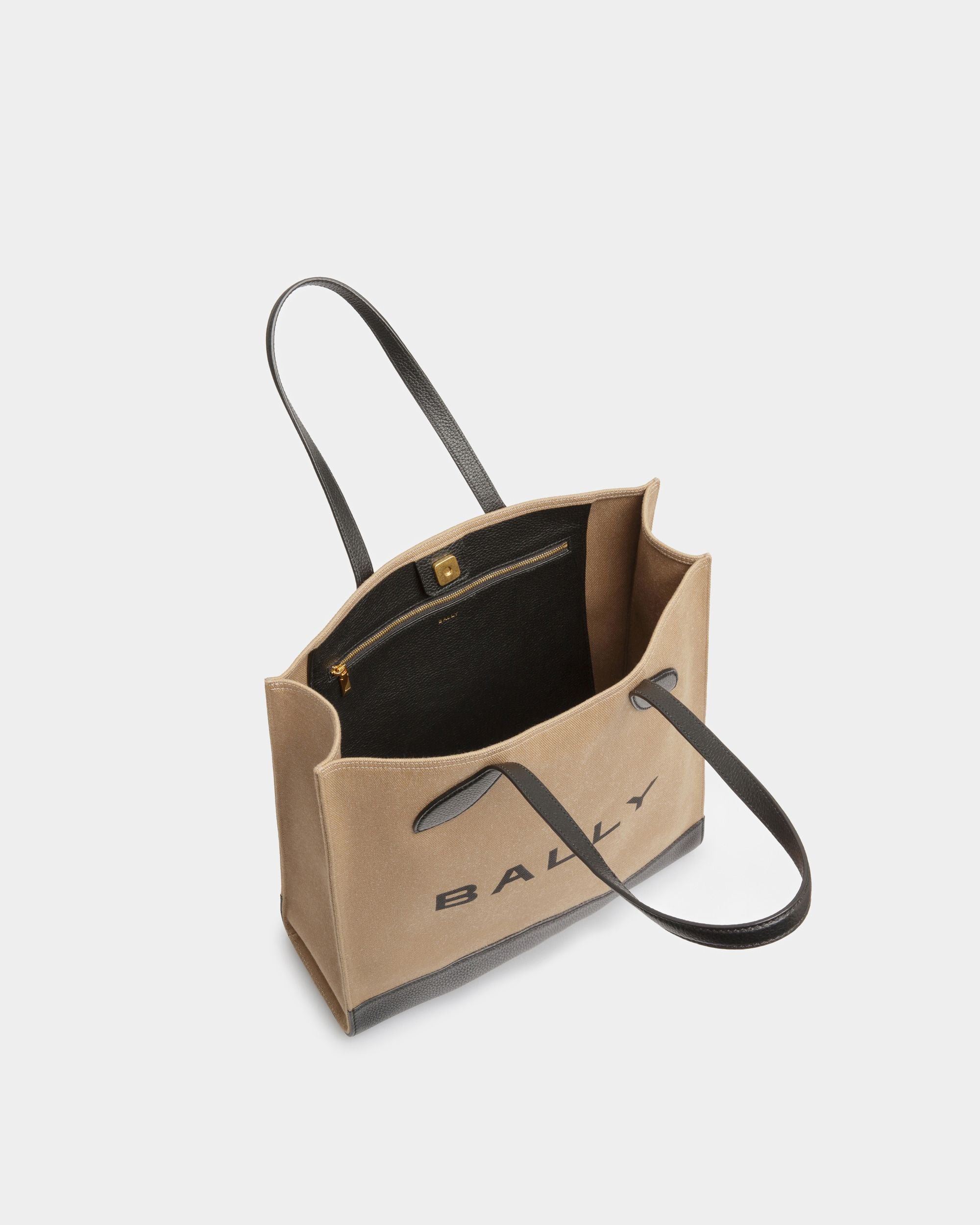 Bolso Tote Bar De Tela Color Arena Y Negro - Mujer - Bally - 05