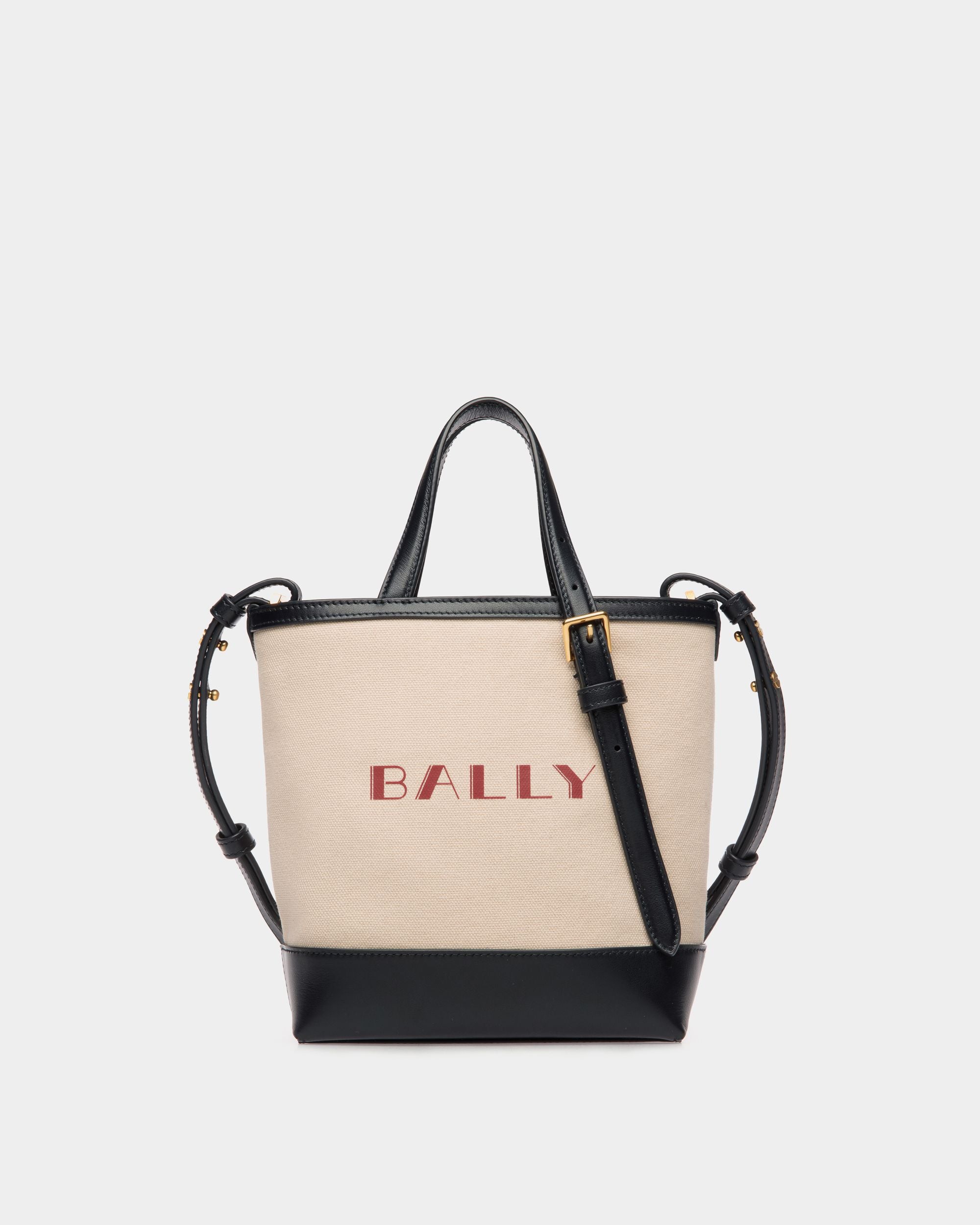 Bolso Tote Pequeño Summer Capsule De Lona Y Piel Natural Y Navy Blue - Mujer - Bally - 01