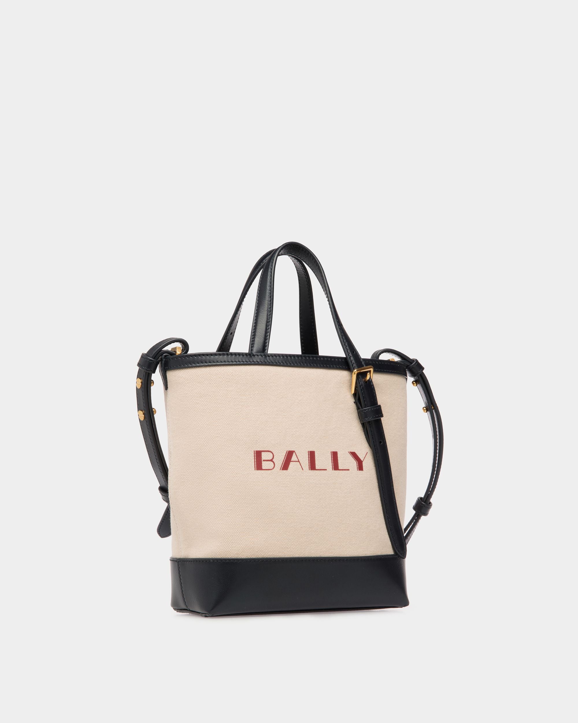 Bolso Tote Pequeño Summer Capsule De Lona Y Piel Natural Y Navy Blue - Mujer - Bally - 03
