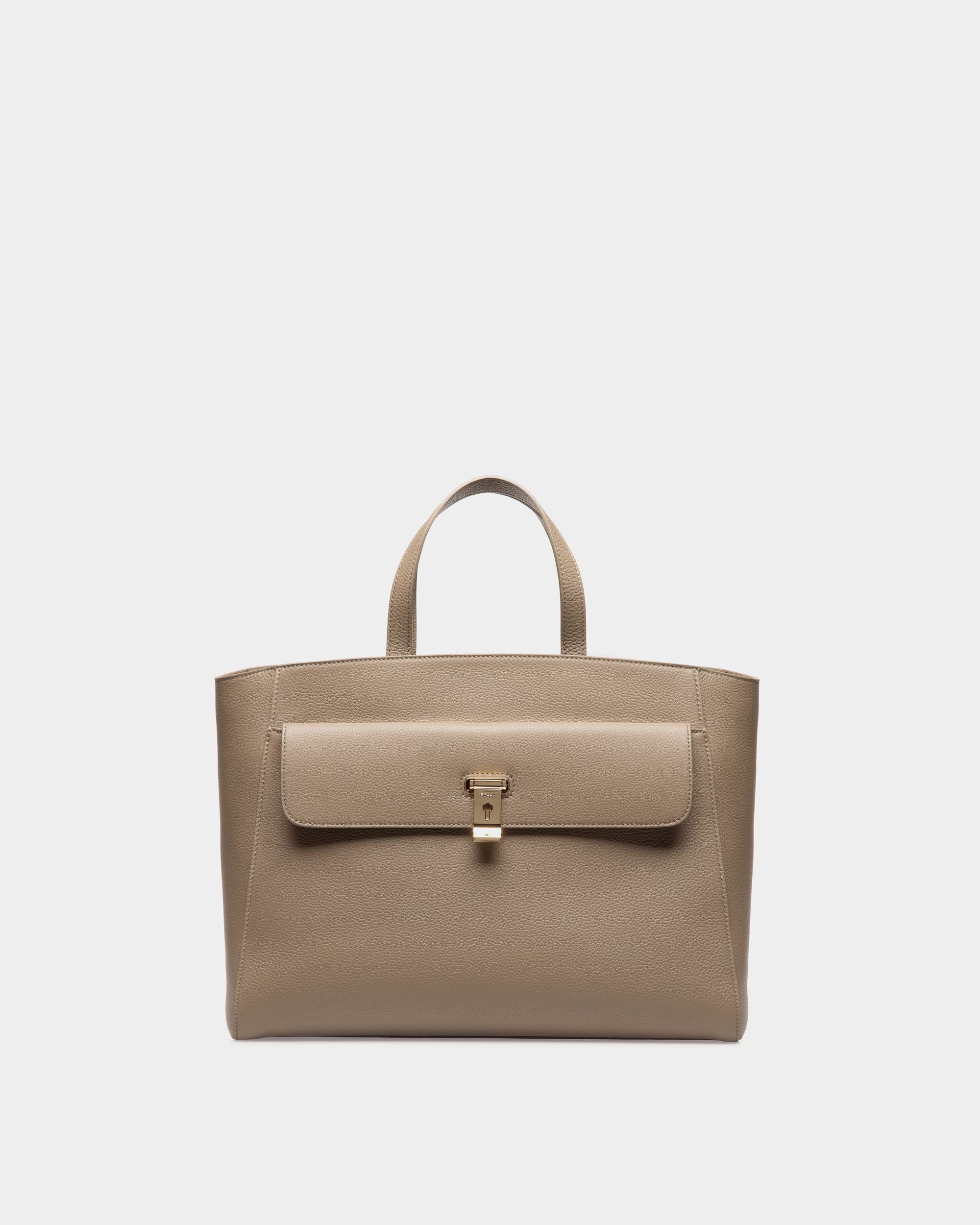 Lock Me Tote Bag In Taupe Grained Leather - Women's - Bally - 01