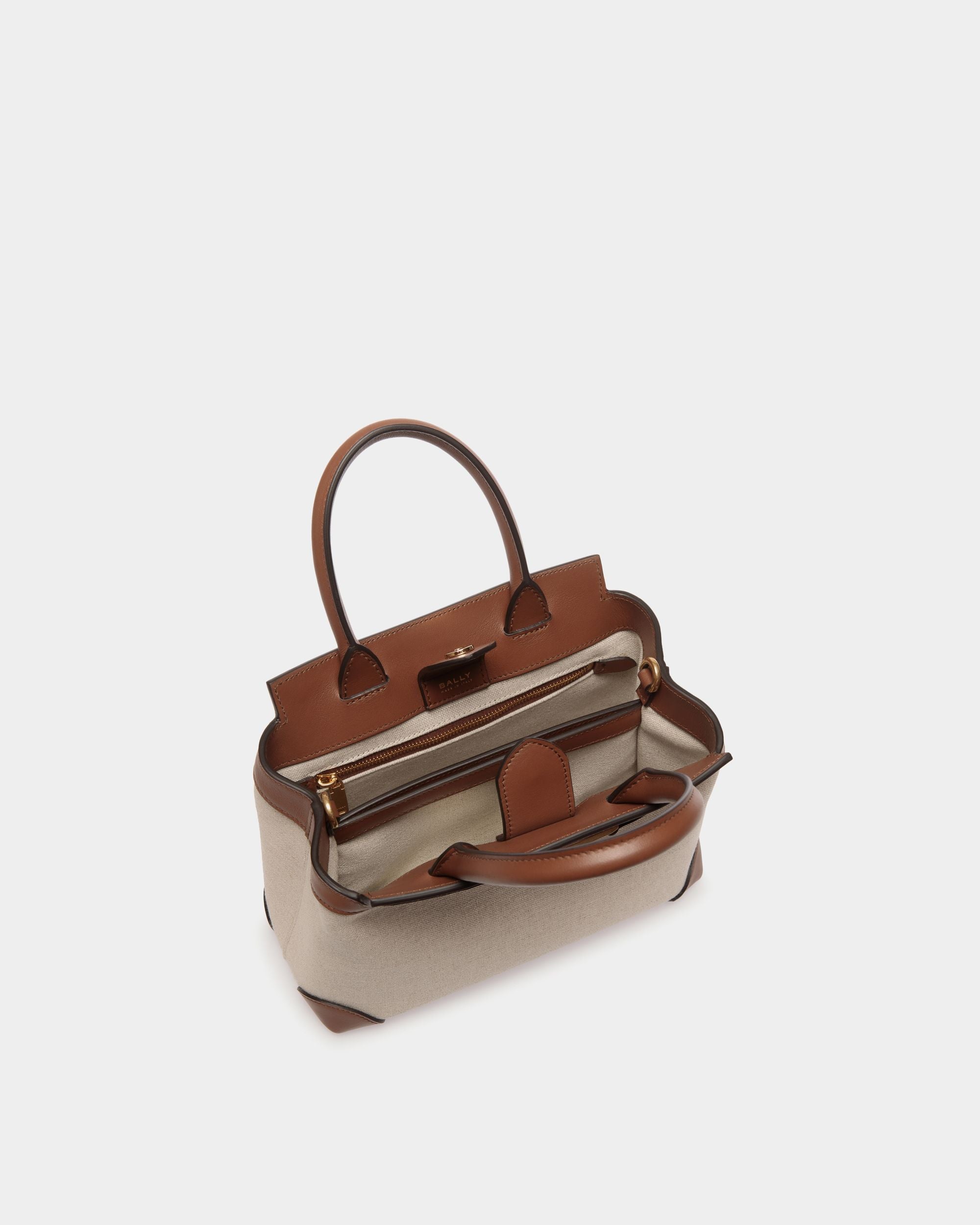Deco Small Tote Bag in Beige Canvas and Brown Leather - Mujer - Bally - 04
