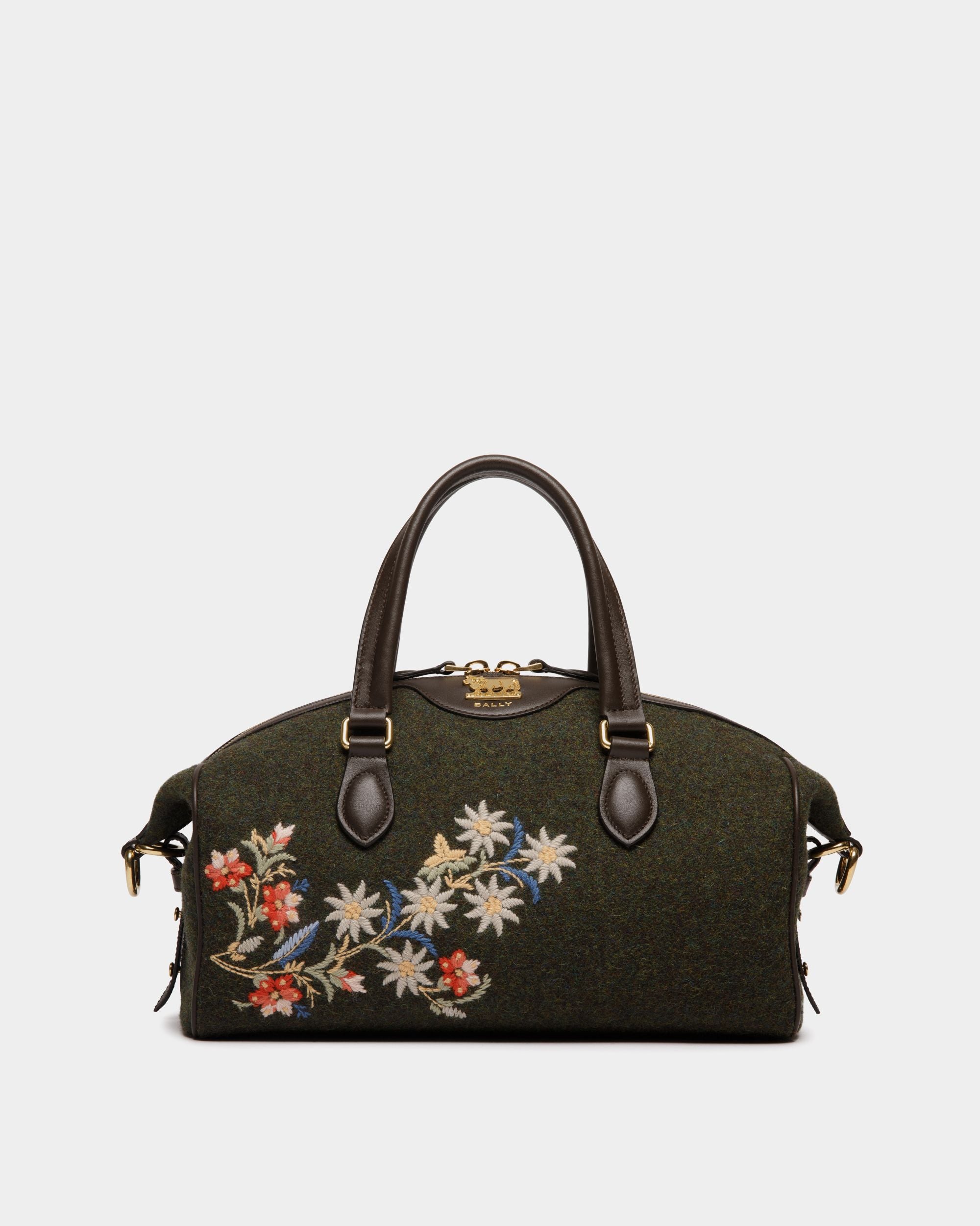 Bolso Con Asa Superior De La Cápsula Winter De Lana Y Piel Verde Oscuro Y Ébano Con Alpine Flowers - Mujer - Bally - 01