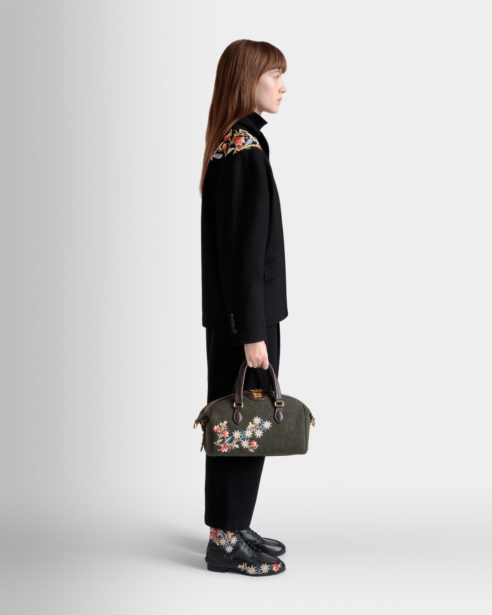 Bolso Con Asa Superior De La Cápsula Winter De Lana Y Piel Verde Oscuro Y Ébano Con Alpine Flowers - Mujer - Bally - 02