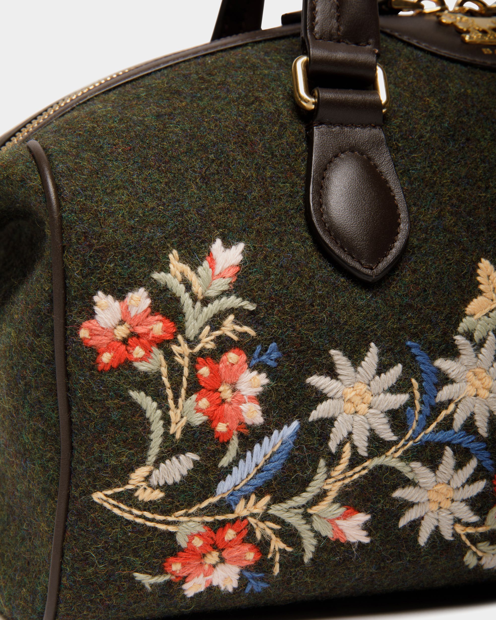 Bolso Con Asa Superior De La Cápsula Winter De Lana Y Piel Verde Oscuro Y Ébano Con Alpine Flowers - Mujer - Bally - 05